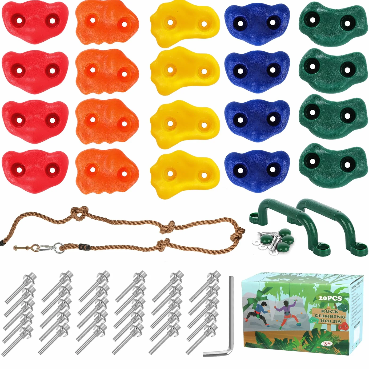 20 Piezas Presas Escalada Niños, Piedras escalada al Aire Libre | Soportes Escalada Accesorios con 270 cm Cuerda Escalada Anudada y 2 Agarraderas Verdes para Juegos Infantiles Interior y Exterior