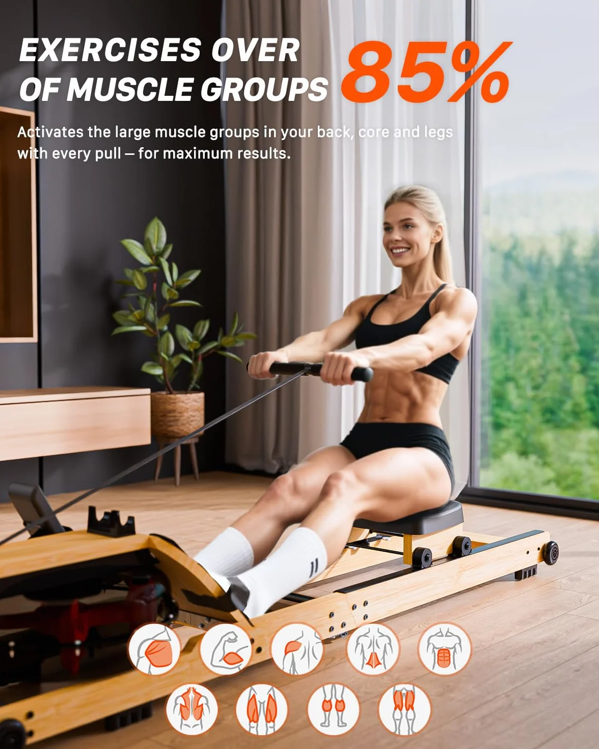 Máquina de Remo de Agua Plegable para Casa, Madera de Bambú Natural, Bluetooth Compatible con Kinomap, Pantalla LCD, Soporte para Tablet, Entrenamiento de Cuerpo Completo, Silenciosa