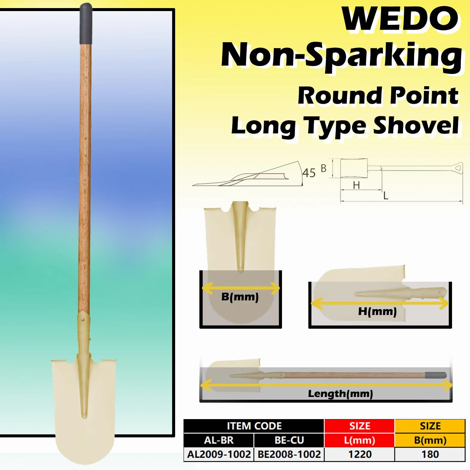 WEDO Pala larga de punta redonda sin chispas, pala de transferencia, mango de madera de 48 pulgadas de largo con funda antideslizante, herramienta de excavación de seguridad, bronce de aluminio