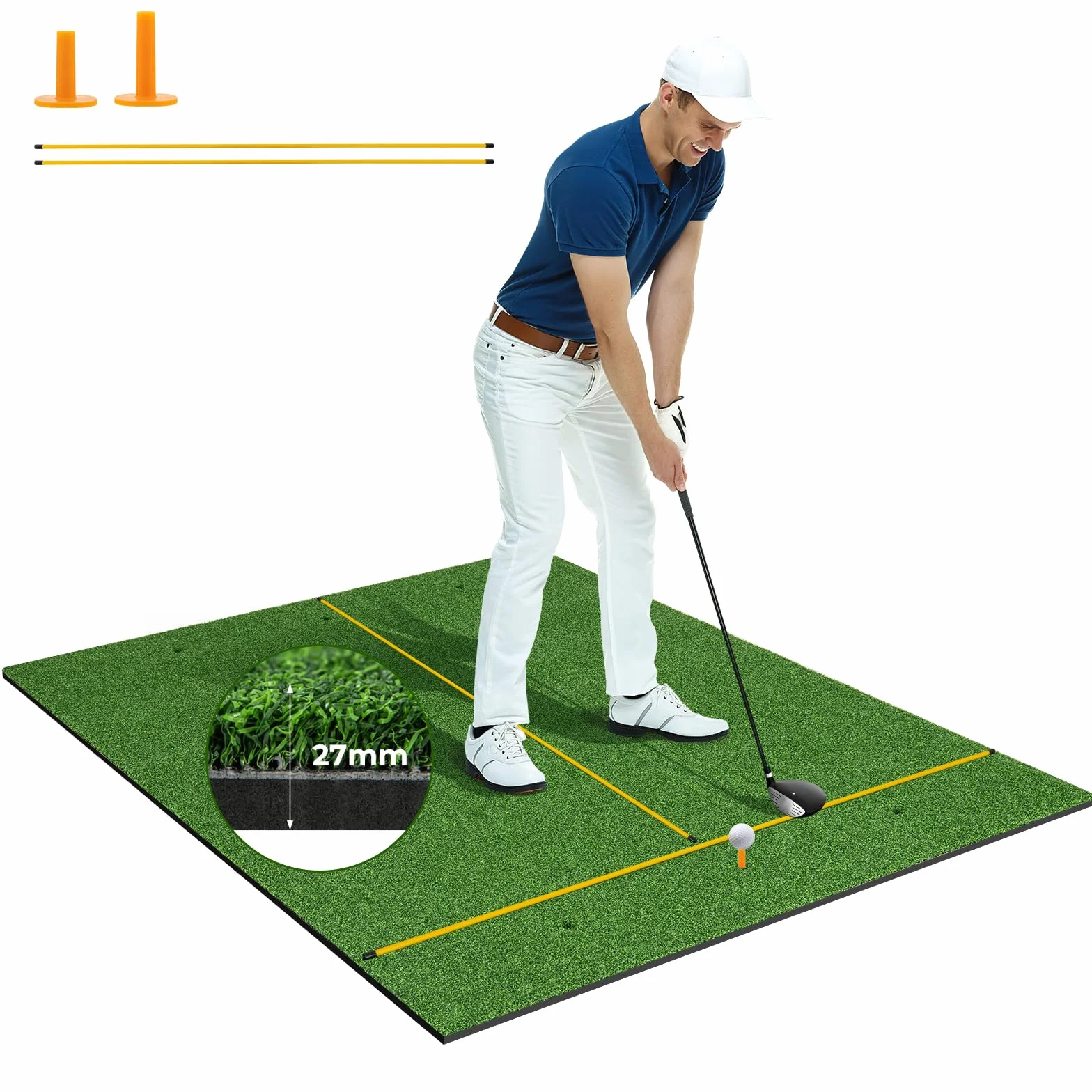 COSTWAY Tapete de Golf 3 en 1, Alfombrilla de Césped Sintético 20/25mm, 2 Tees y 2 Palos de Alineación