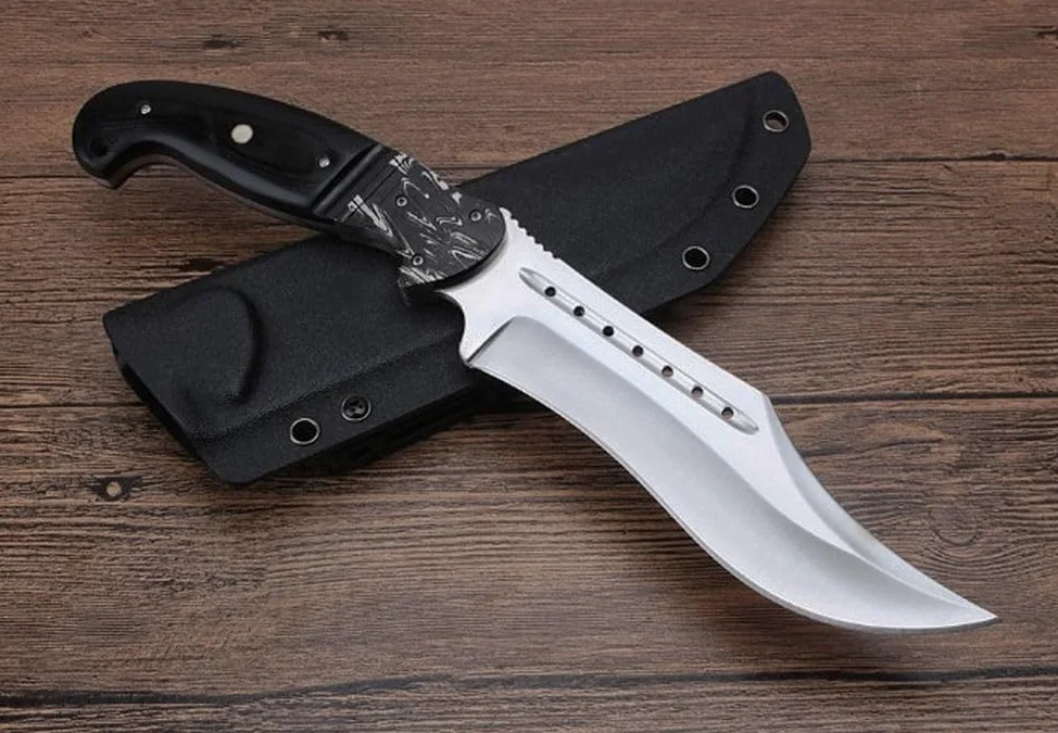 Genérico TEERMA OJ5 Cuchillo de supervivencia Cuchillo de caza de hoja fija enfundada Cuchillo de acero de una pieza para exteriores Ideal para acampadas y actividades al aire libre