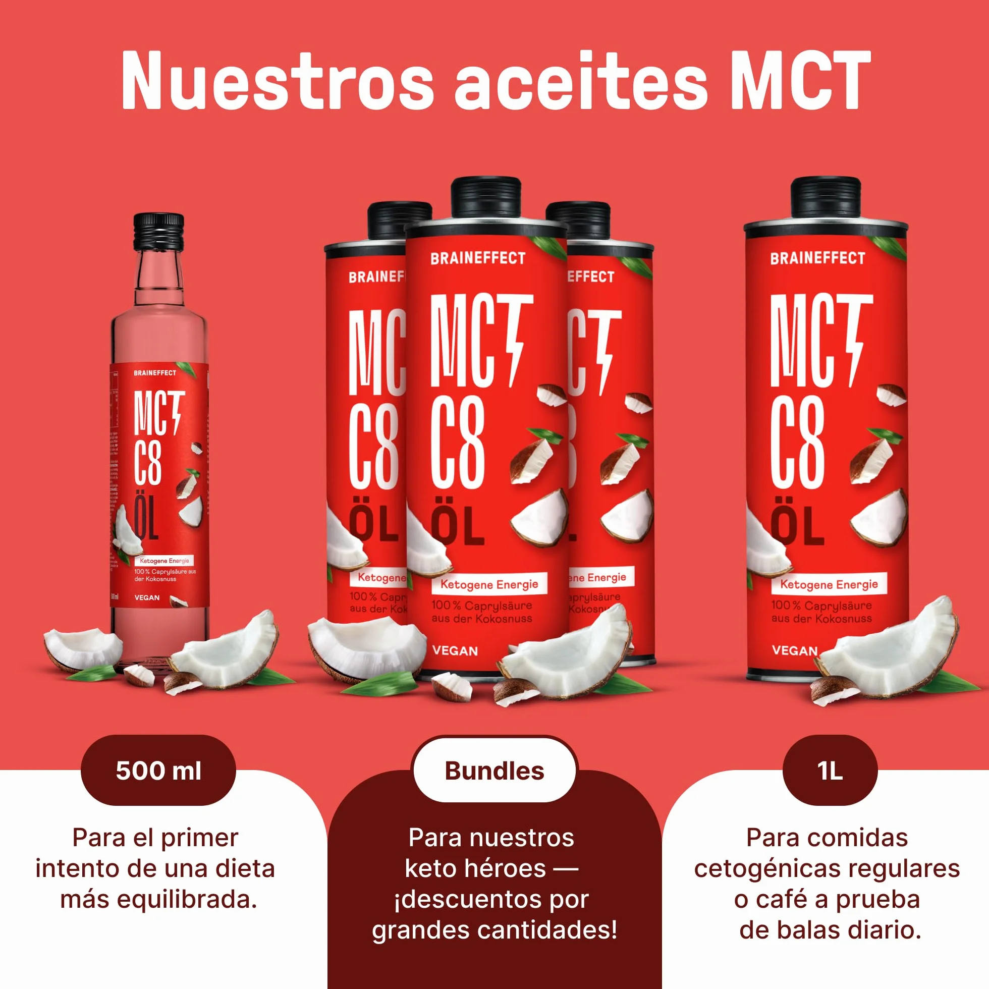 BRAINEFFECT Aceite MCT 100% C8 1000 ml Botella metálica protectora