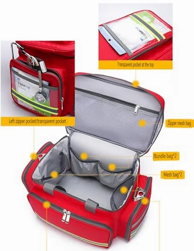 Bolsa de primeros auxilios vacía profesional con separadores desmontables para emergencias médicas y atención médica en el hogar