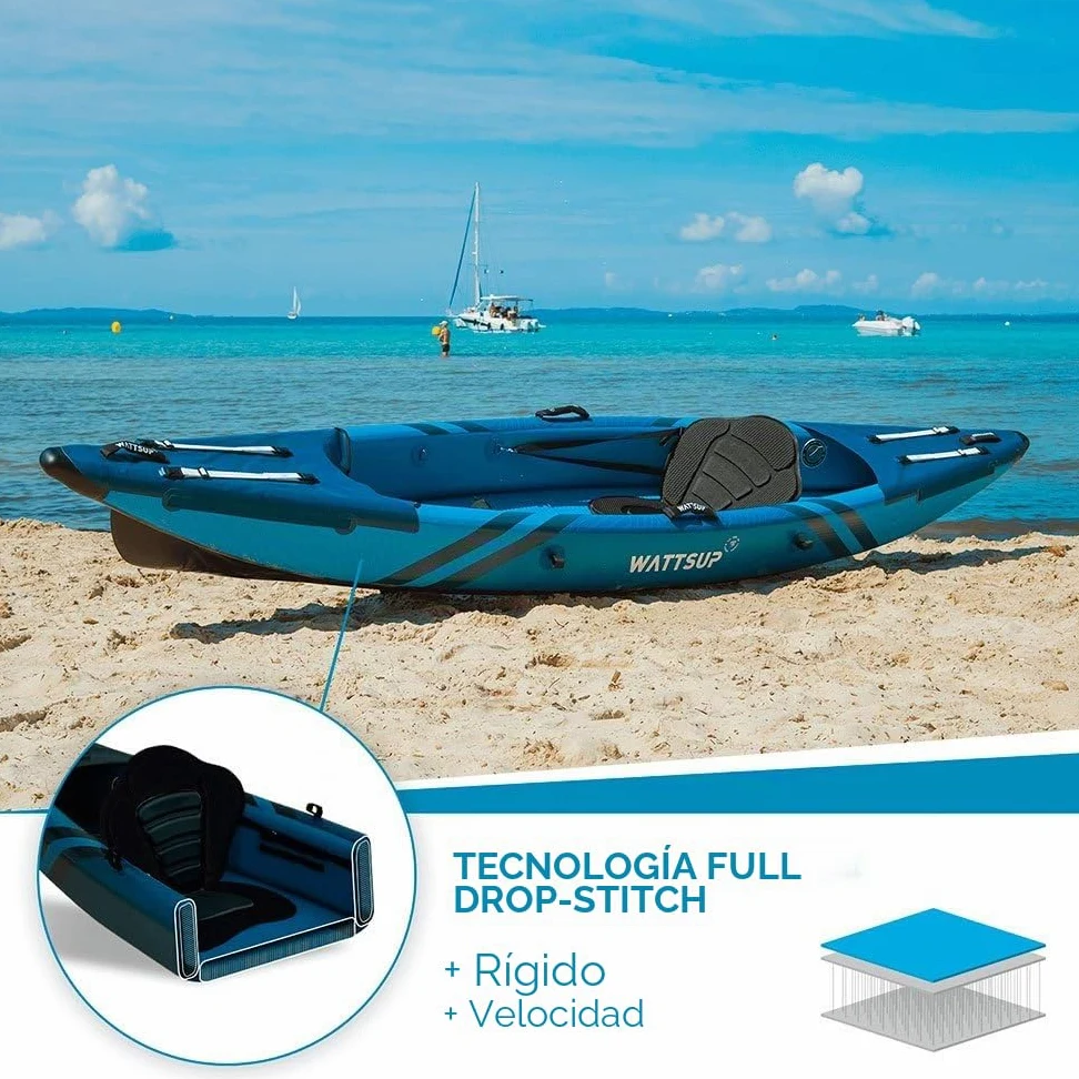 Kayak Inflable Wattsup Torpedo 1 Plaza – 365 x 72 cm (12 x 28) – Dropstitch – MAX 180 kg – Paquete Completo – Todos los Niveles