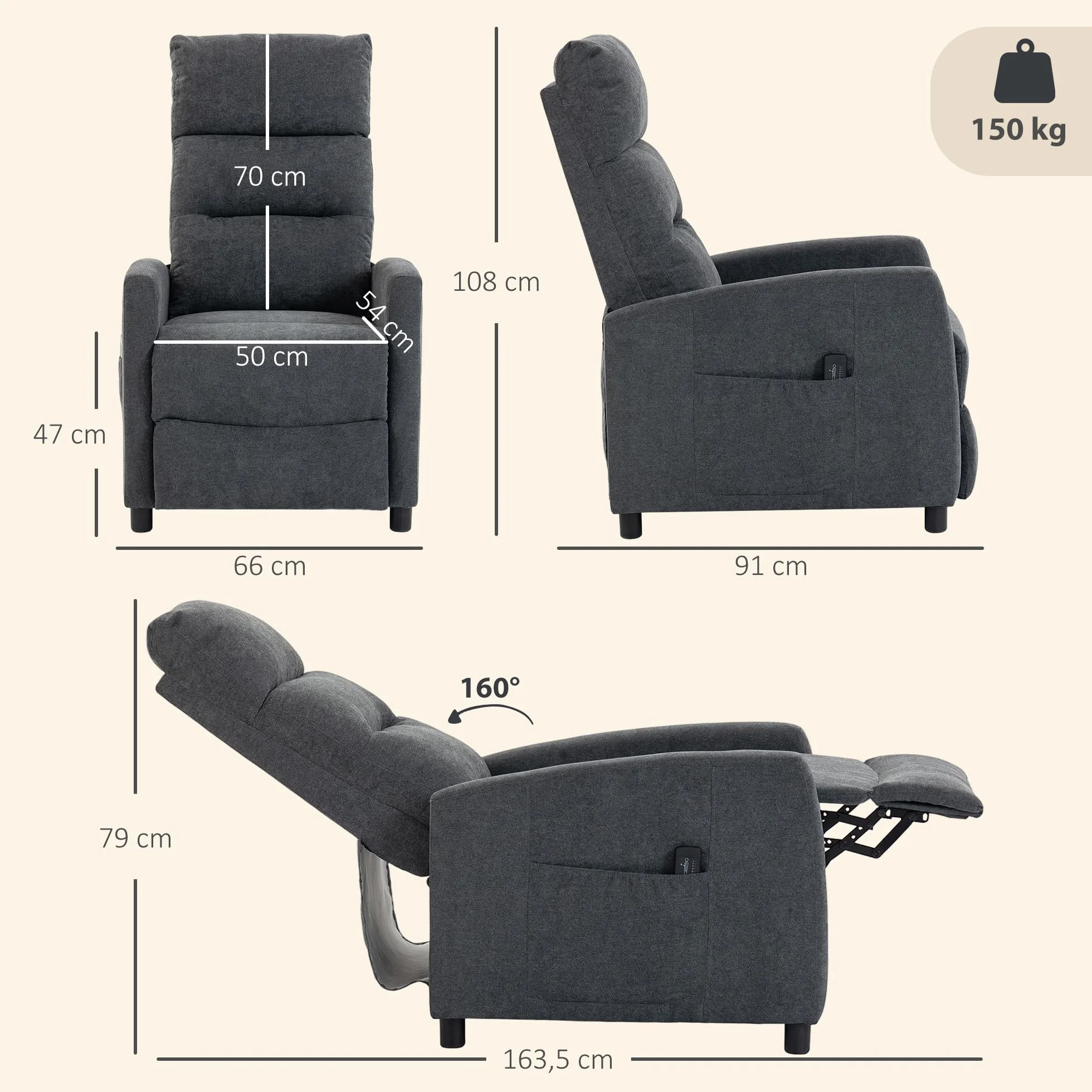 HOMCOM Sillón de Masaje Reclinable 160° con Mando a Distancia, 2 Zonas de Masaje, Gris Oscuro 66x91x108 cm