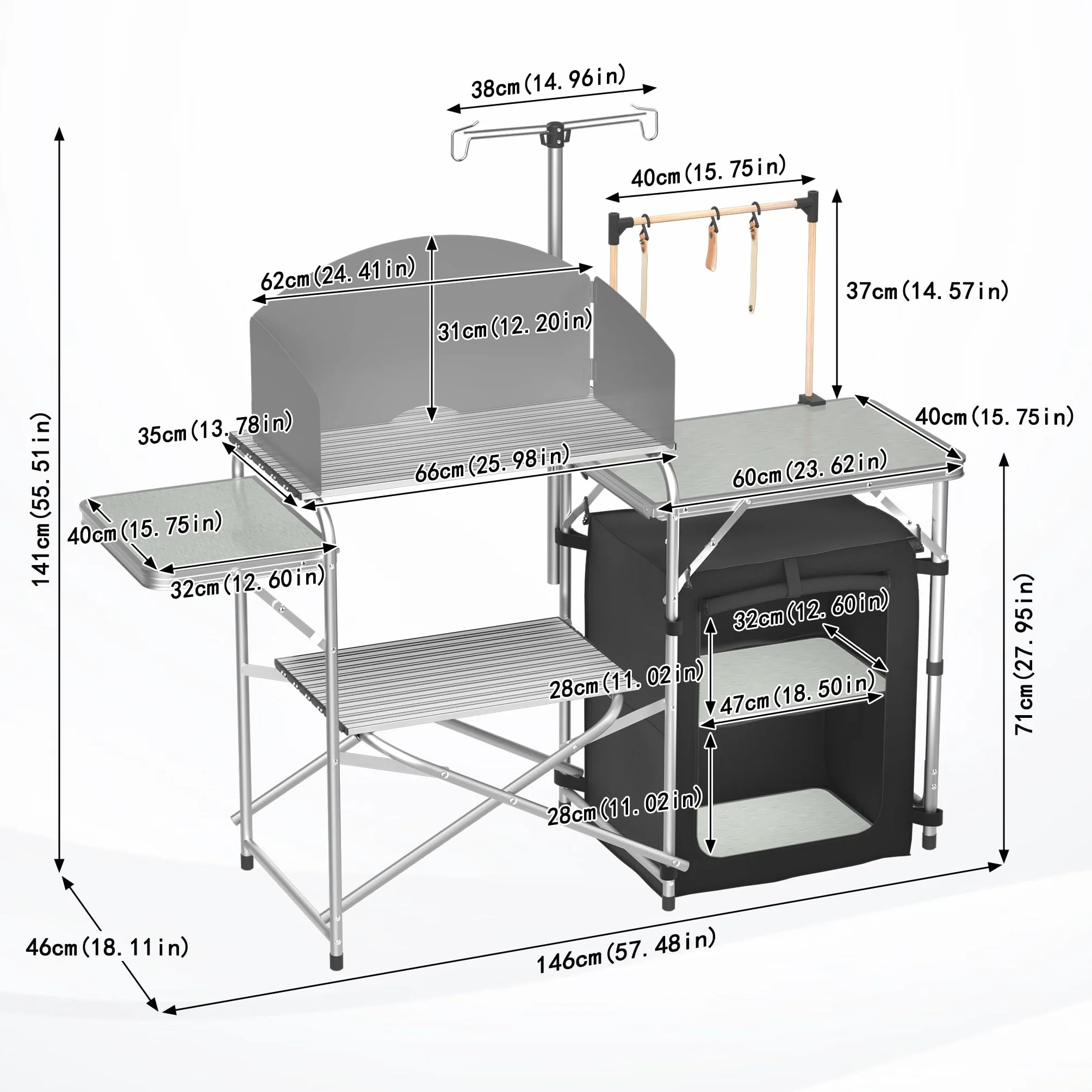 FIVMEN Cocina de camping plegable para camping, armario de aluminio con 3 encimeras, armario, soporte para luz y 4 ganchos, armario de cocina para exteriores