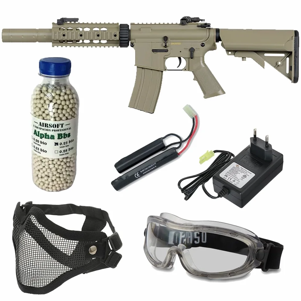 Pack Airsoft Rifle eléctrico CM.513 M4 Tan con batería, Cargador de batería, Cargador de Bolas, Gafas homologadas, máscara Facial y Botella de 3000 Bolas. Potencia 1 Julio