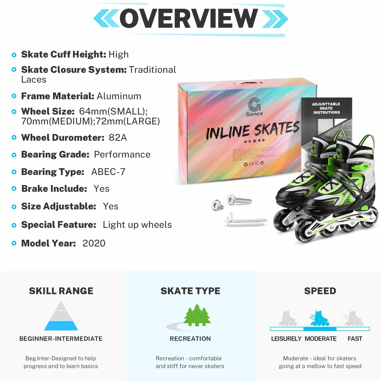 Gonex Patines en Línea Ajustables Niños Niñas Adultos, Patín sobre Ruedas Iluminadas con Luces, EU 31-42