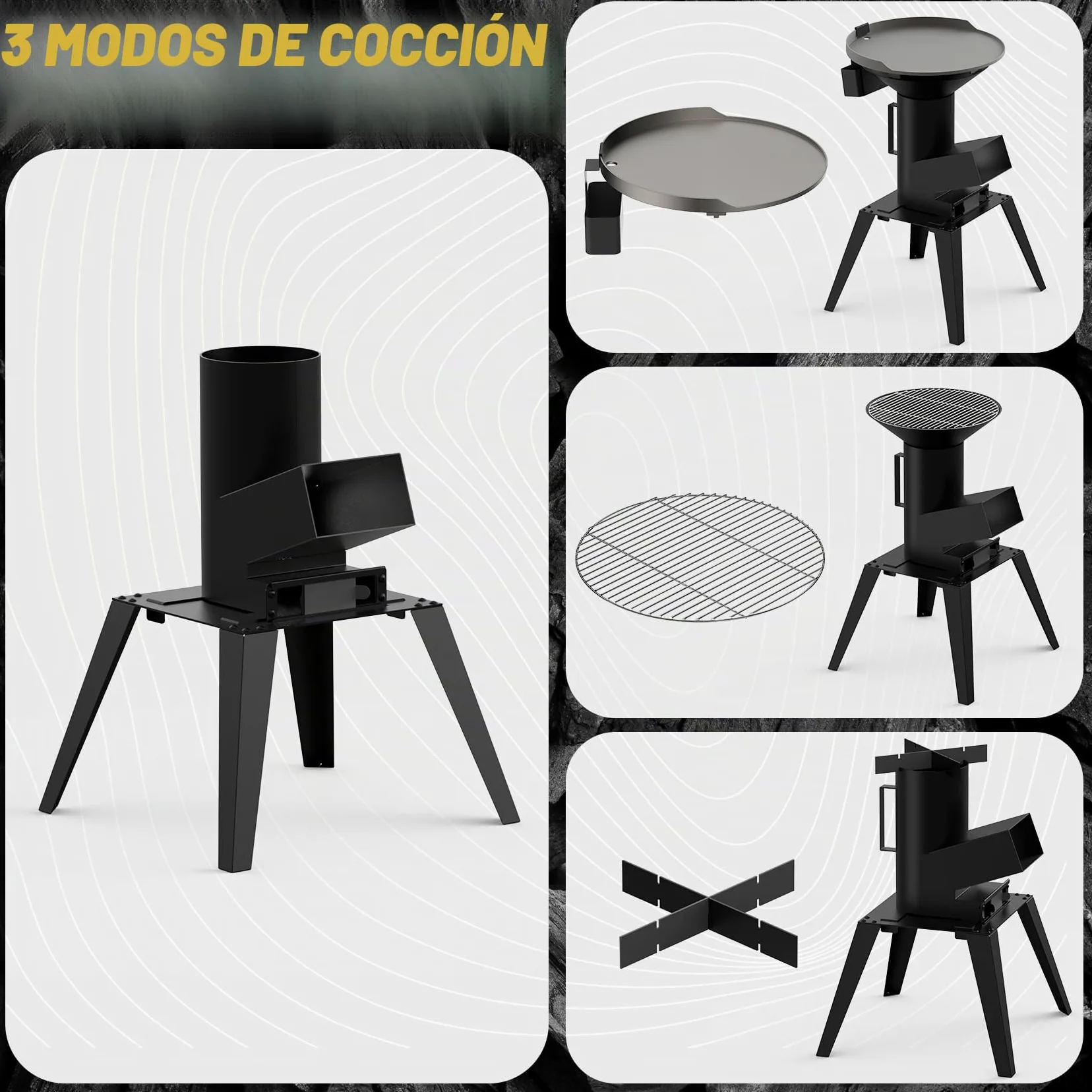Onlyfire Estufa de Cohete de Camping Estufa Rocket Portátil, Estufa de Cañón con Placa Grill, Rejilla Grill y Rejilla para Ollas, 3 en 1 Multifunción Rocket Stove, Horno de Cohetes Exterior