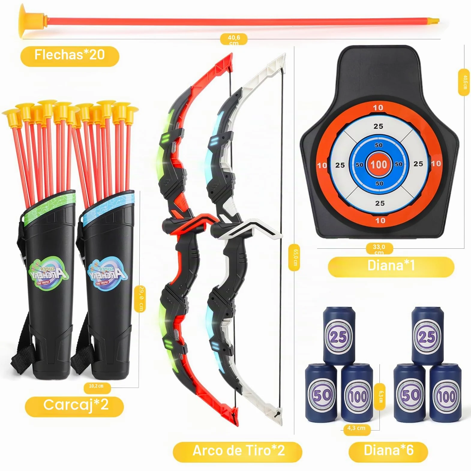 deAO Juego de 2 Arcos y Flechas con LED para Niños, 20 Flechas con Ventosas, Diana Móvil + 6 Objetivos, 2 Carcajes, Juguete de Tiro con Arco Interior y Exterior, Regalo Niñas Niños 3-12 Años