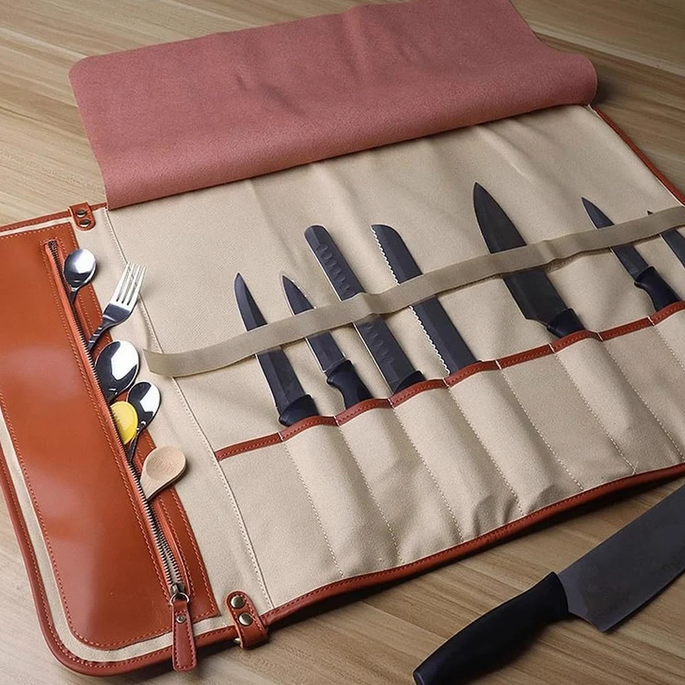 Bolsa Enrollable for Cuchillos, 10 Ranuras for Cuchillos, Funda Protectora, Bolsa Enrollable de Cuero portátil, Estuche de Chef for Acampar o Trabajar.(Brown)