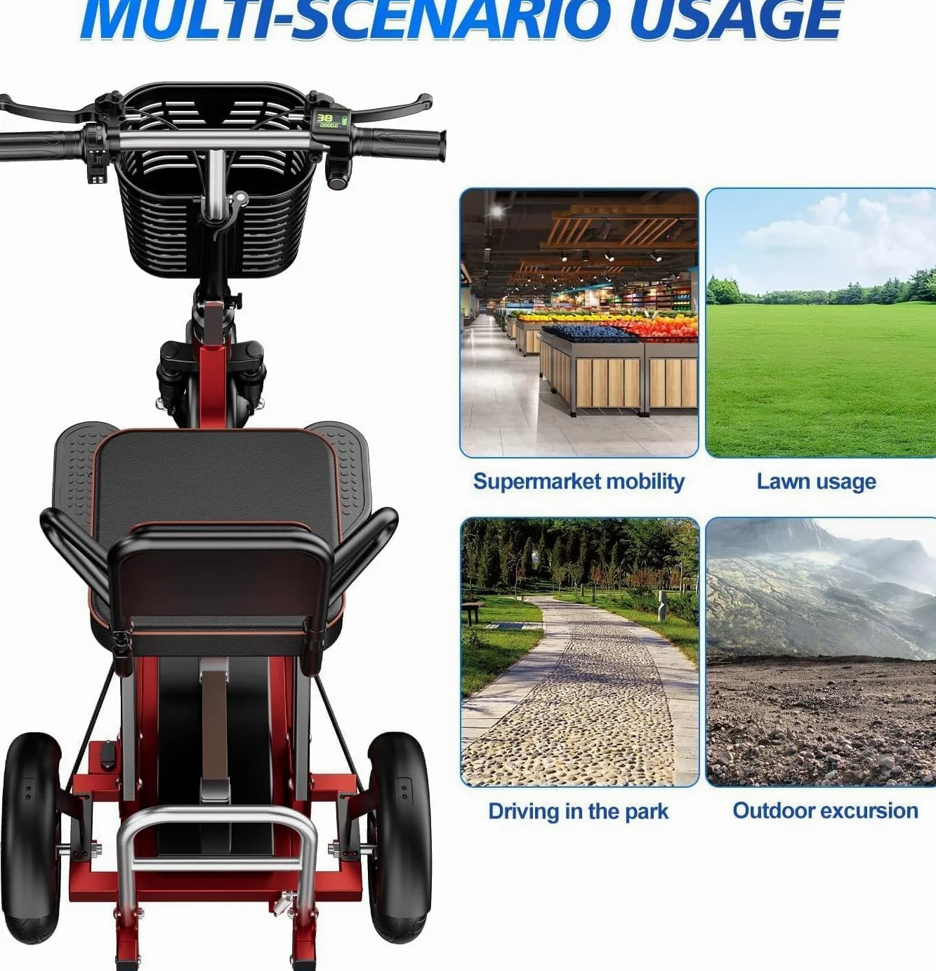 Scooter De Movilidad Eléctrico para Personas Mayores Plegable De 3 Ruedas con Asiento para Pasajero Incluye Cargador, Cesta Scooter De 3 Ruedas para Ascensores y Pasillos