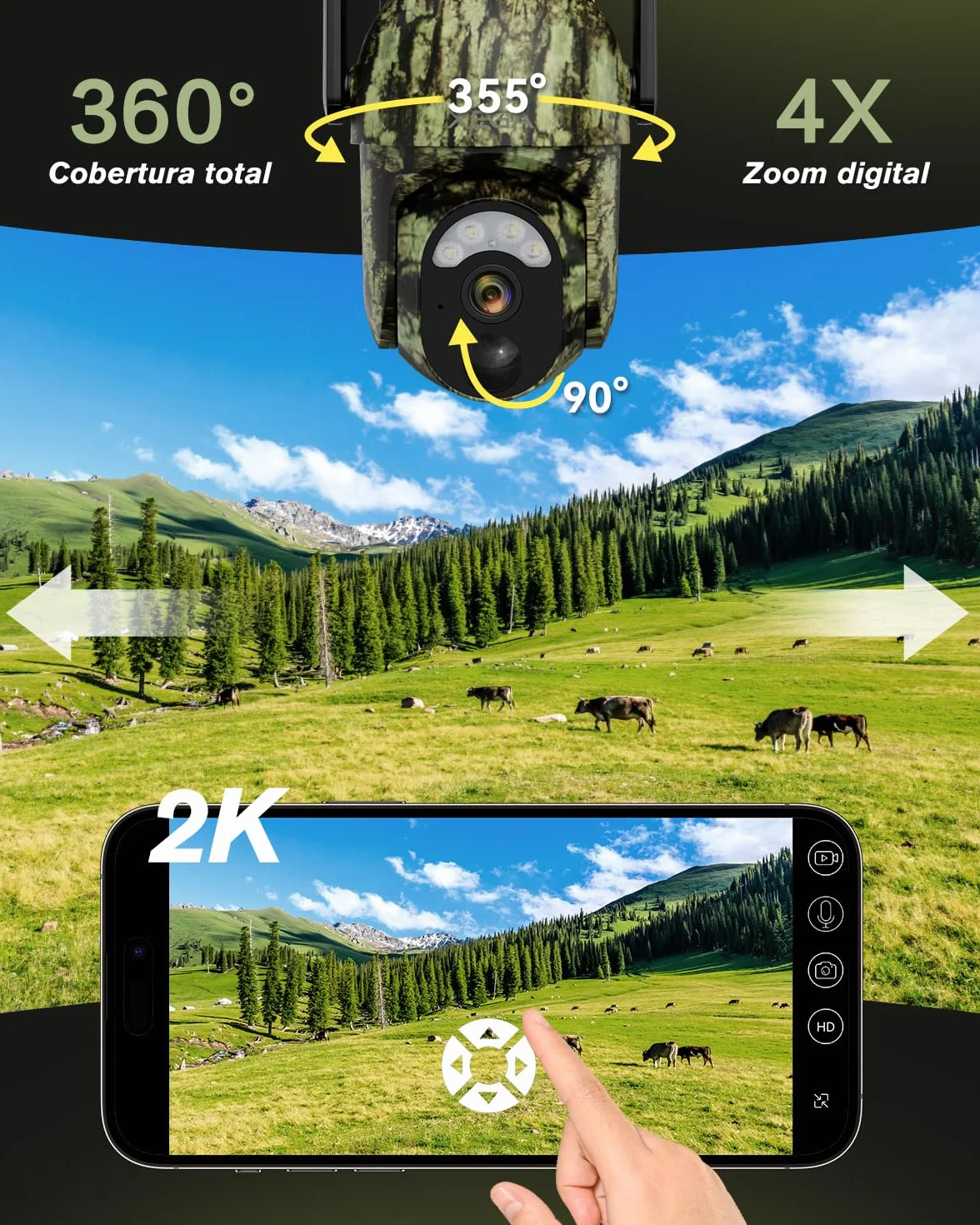 Xega 4G LTE Cámara de Caza Solar 2K PTZ, PIR Detección, Visión Nocturna Color, IP65