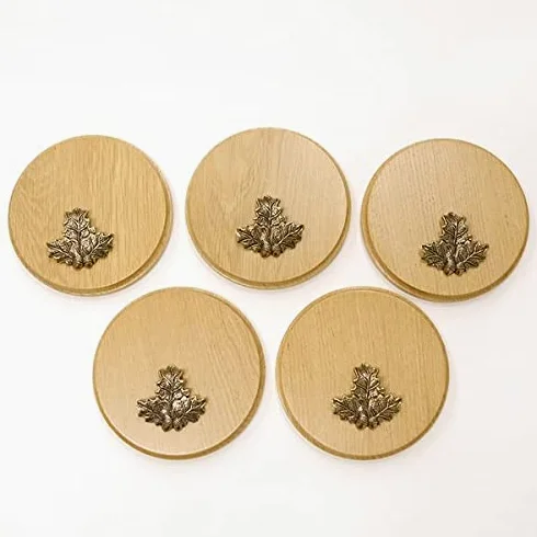 GTK Oferta 5 placas cuña redondas de roble claro AF 15 cm, tabla cuña, tabla de especias, placa para trofeos con 5 hojas de roble