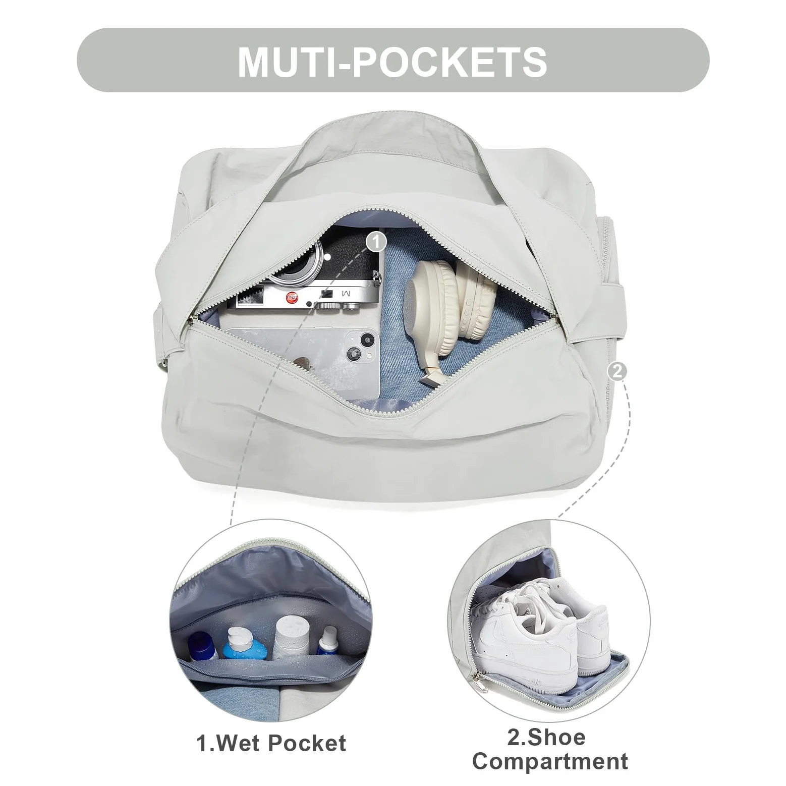 Bolsa de gimnasio pequeña, bolsa de mano, bolsa de lona ligera para entrenamiento, viajes, fin de semana de hombro durante la noche para mujeres, Gris Verde