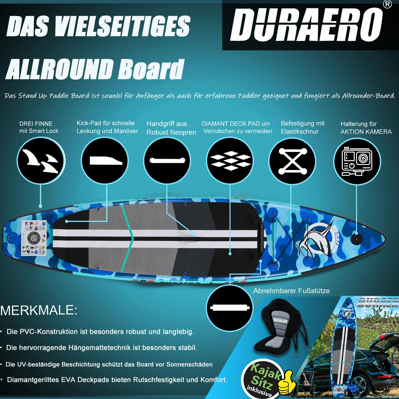 Tabla Hinchable de Paddle Surf con Asiento de Kayak, 330 x 76 x 15 cm, hasta 150 kg, Almohadilla Integrada, Aleta Desmontable, Doble Remo Ajustable, Kit de Reparación, Camuflaje Azul