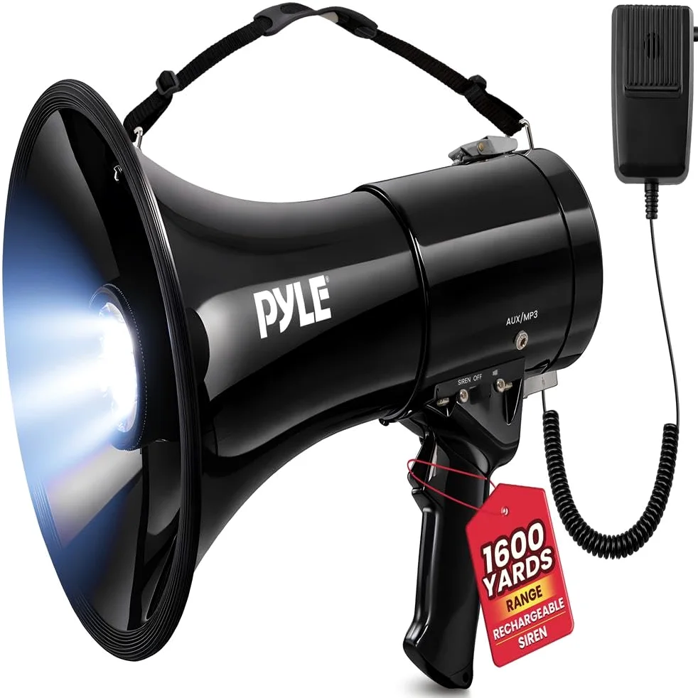 Pyle Altavoz megáfono PA Compacto portátil, megáfono Recargable de 50 W con Sirena, Volumen Ajustable, Altavoz de Mano Ligero, para Entrenadores, árbitros y Salvavidas