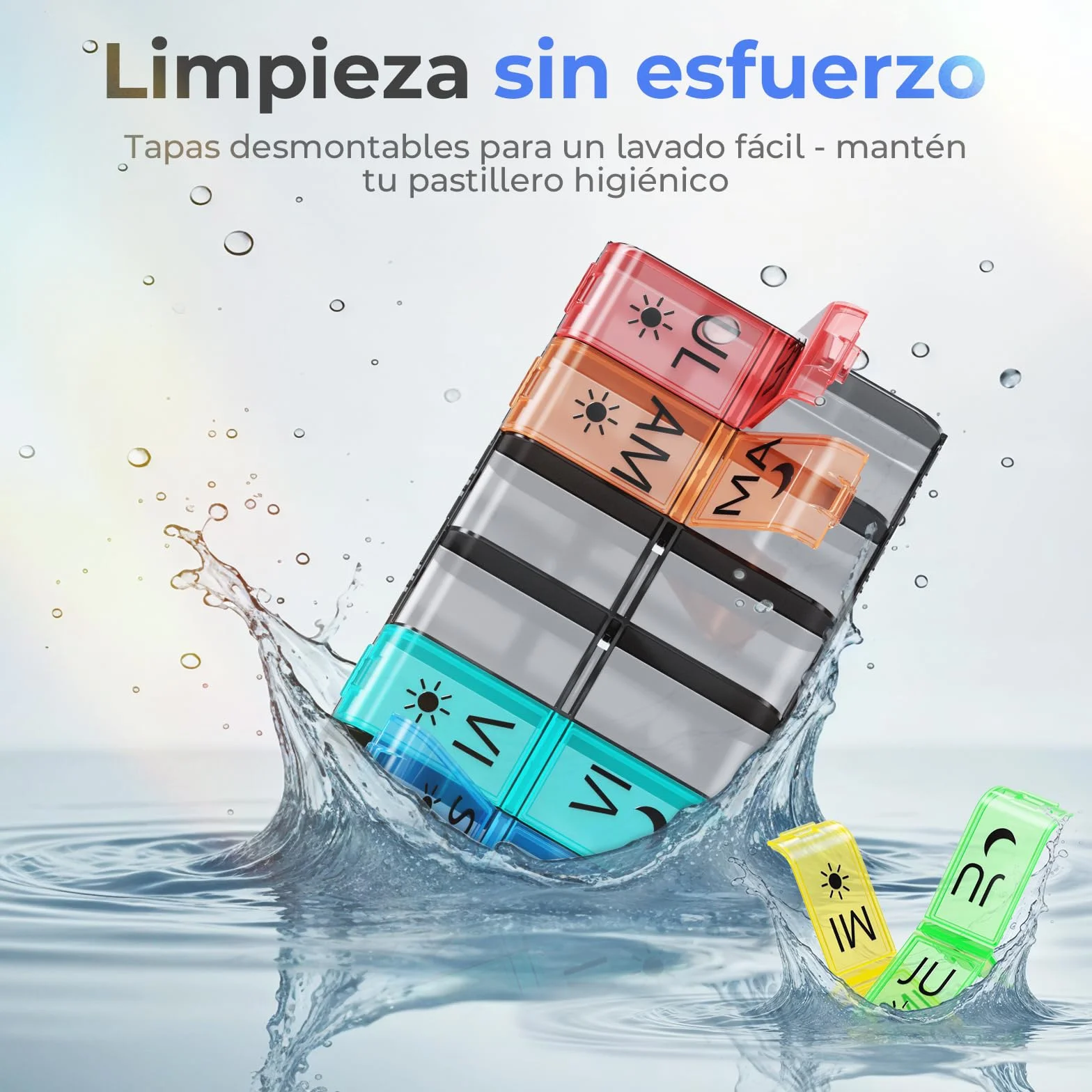COLORWING Pastillero Semanal 2 Tomas Español, 14 Compartimentos XL, Organizador de Pastillas y Medicamentos