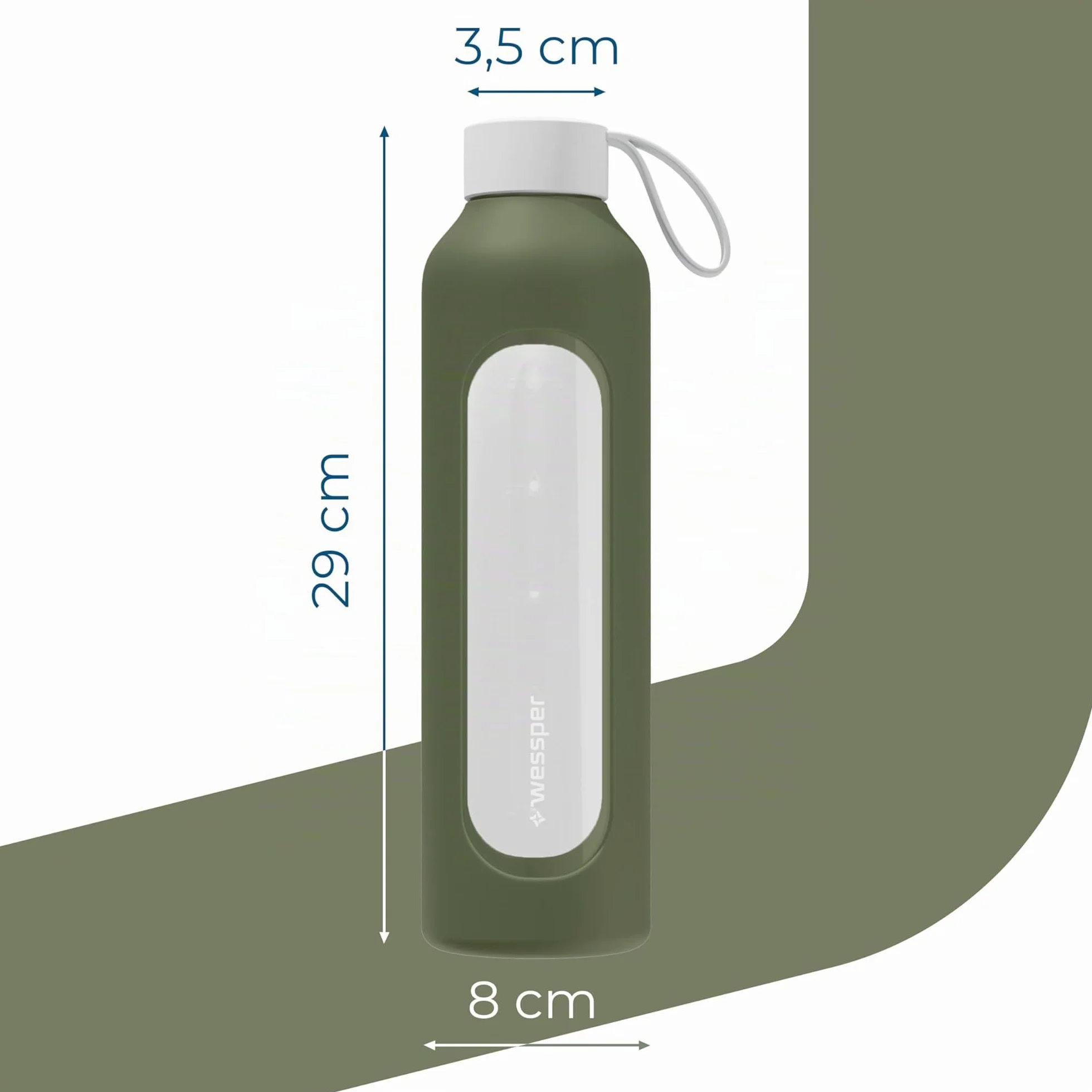 Wessper Botella de Agua Cristal, Botella 1 Litro Motivadora con Escala de Hidratación, Botellas de Vidrio Borosilicato con Funda de Silicona, Material Seguro sin BPA – Oliva