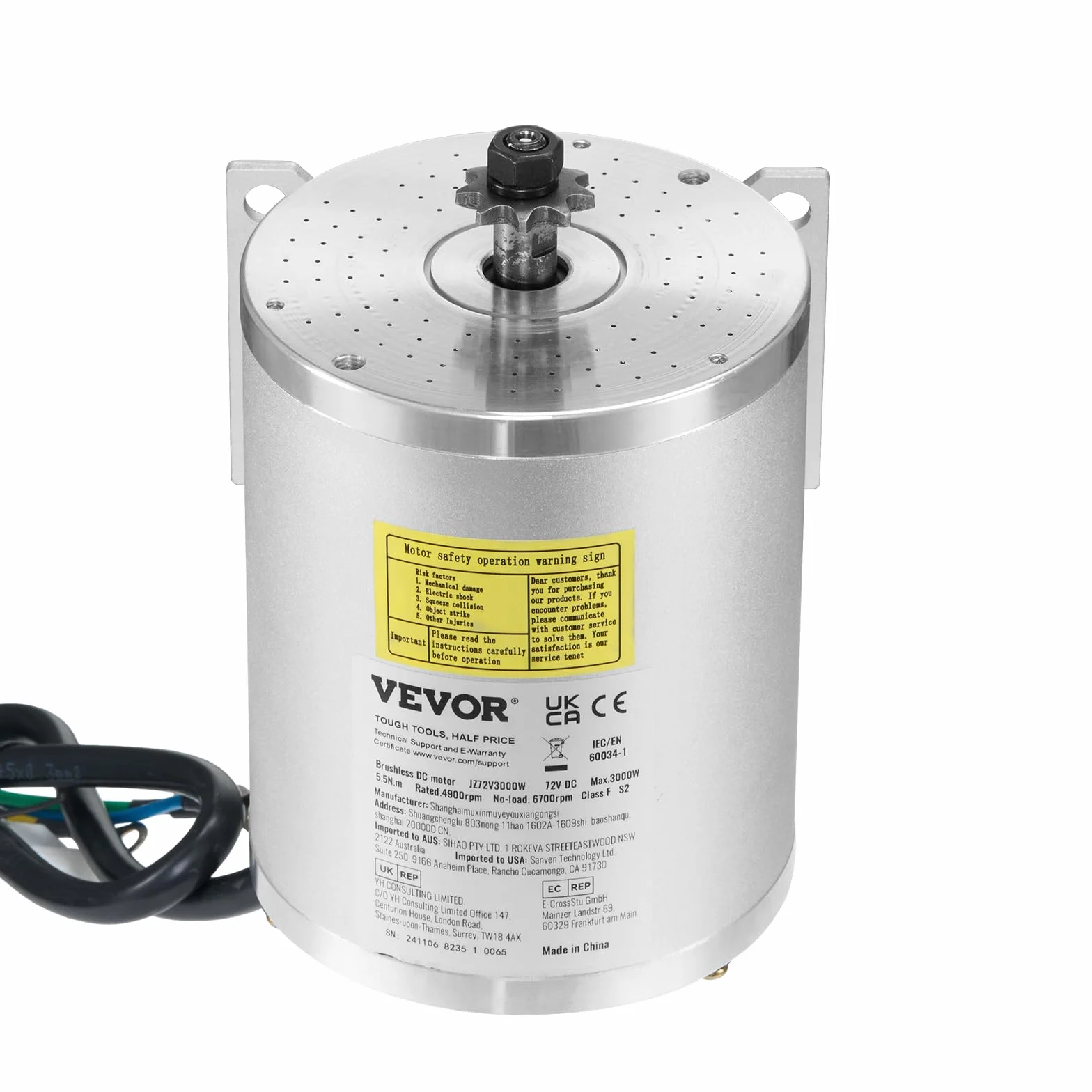 VEVOR Kit de Motor Eléctrico sin Escobillas de CC 3000 W, 72 V y 4900 RPM con Controlador de Velocidad Mejorado y Kit de Empuñadura del Acelerador para Bicicletas Eléctricas, Motocicletas y Scooters