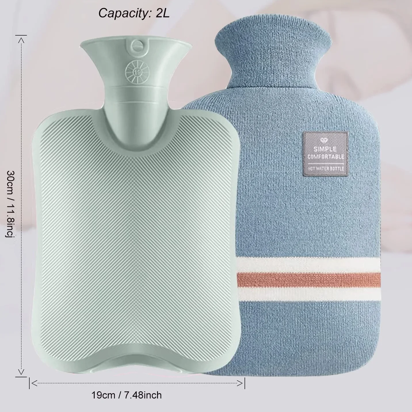 Bolsa de Agua Caliente 2L con Funda de Peluche Antifugas para Dolor Muscular y Menstrual (Azul)
