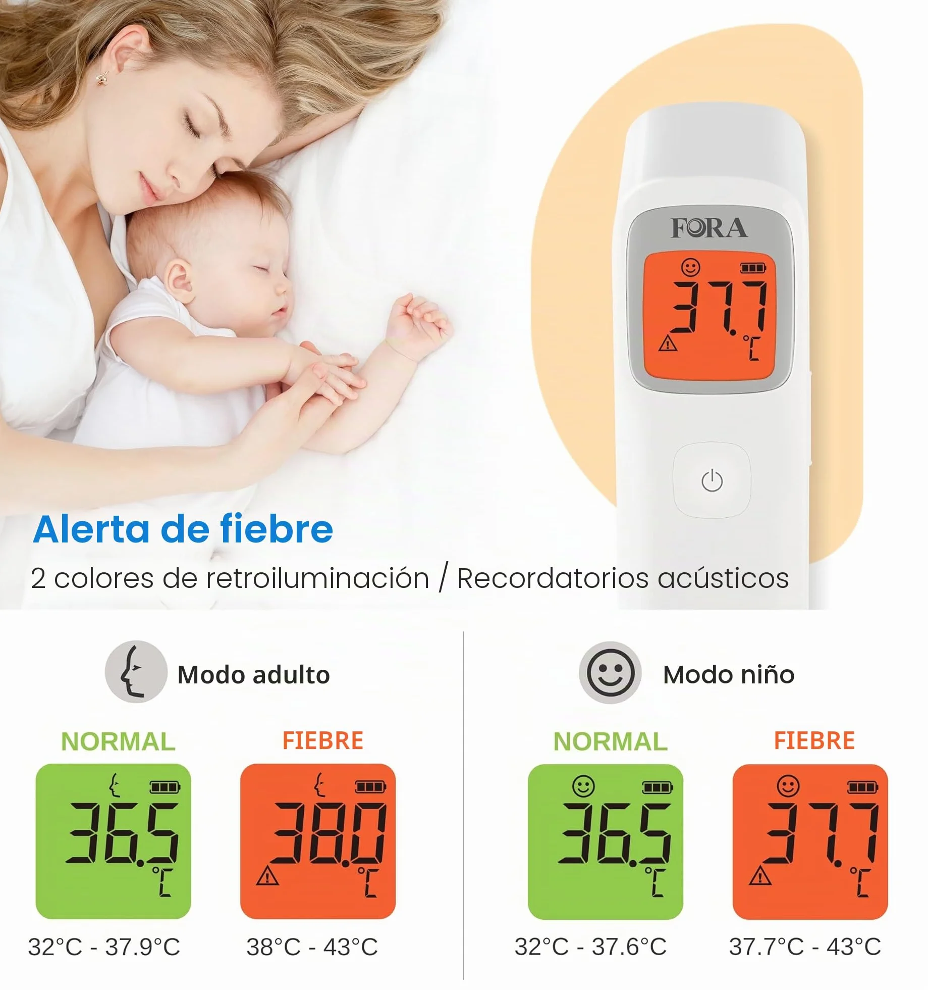FORA IR42 Termómetro infrarrojo de frente sin contacto para fiebre, medición inmediata y precisa, indicador LED