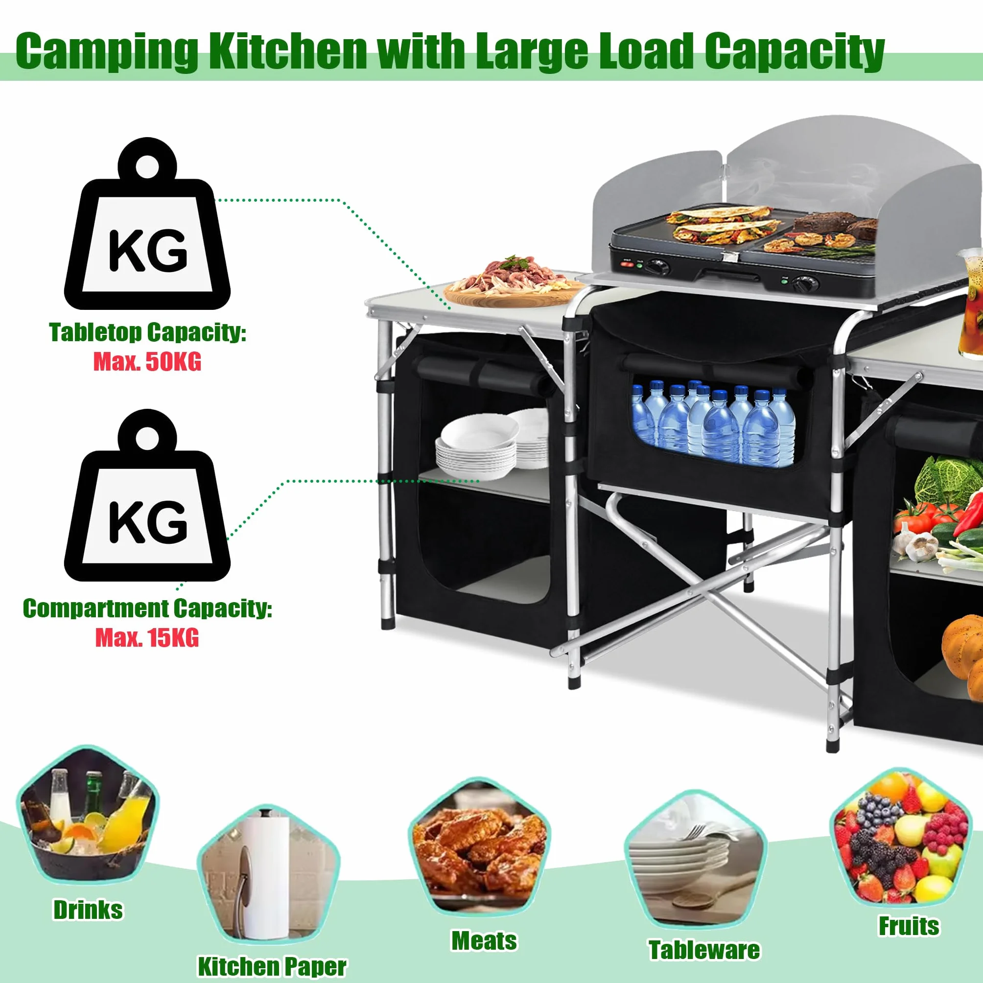 Armarios de camping al aire libre plegable cocina de camping de estructura de aluminio, tela Oxford lavable y paneles de MDF, armario de tienda de campaña, caja de cocina con bolsa de transporte