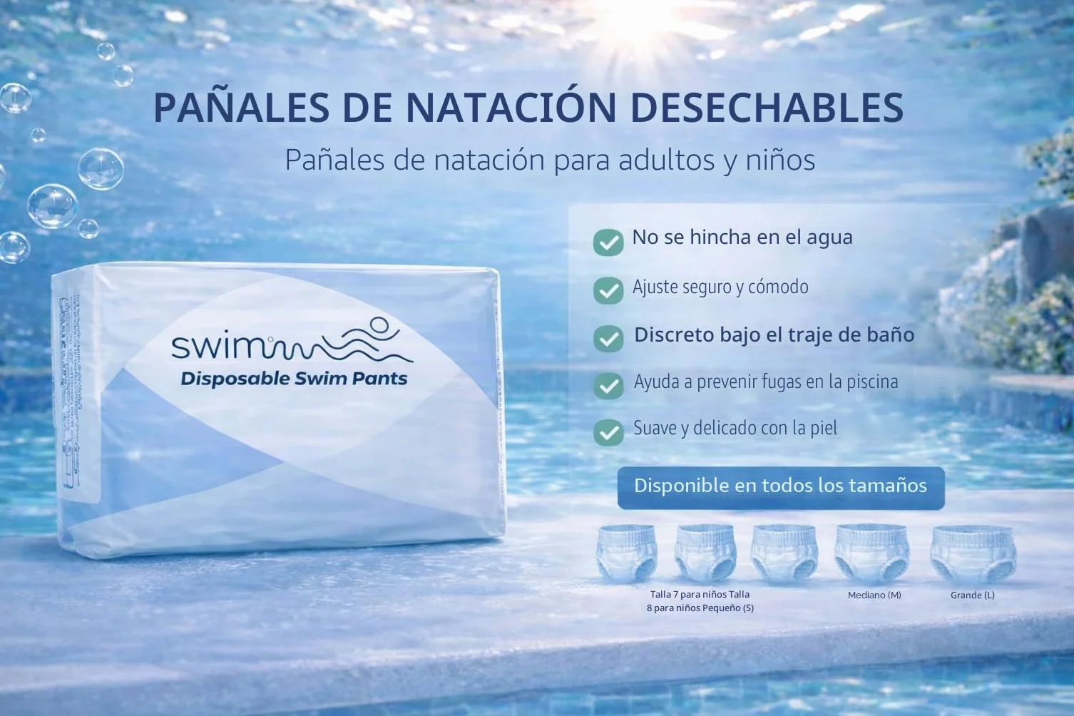 Pañales de natación desechables Talla 8 (28-42 kg) 30 unidades Protección contra incontinencia fecal