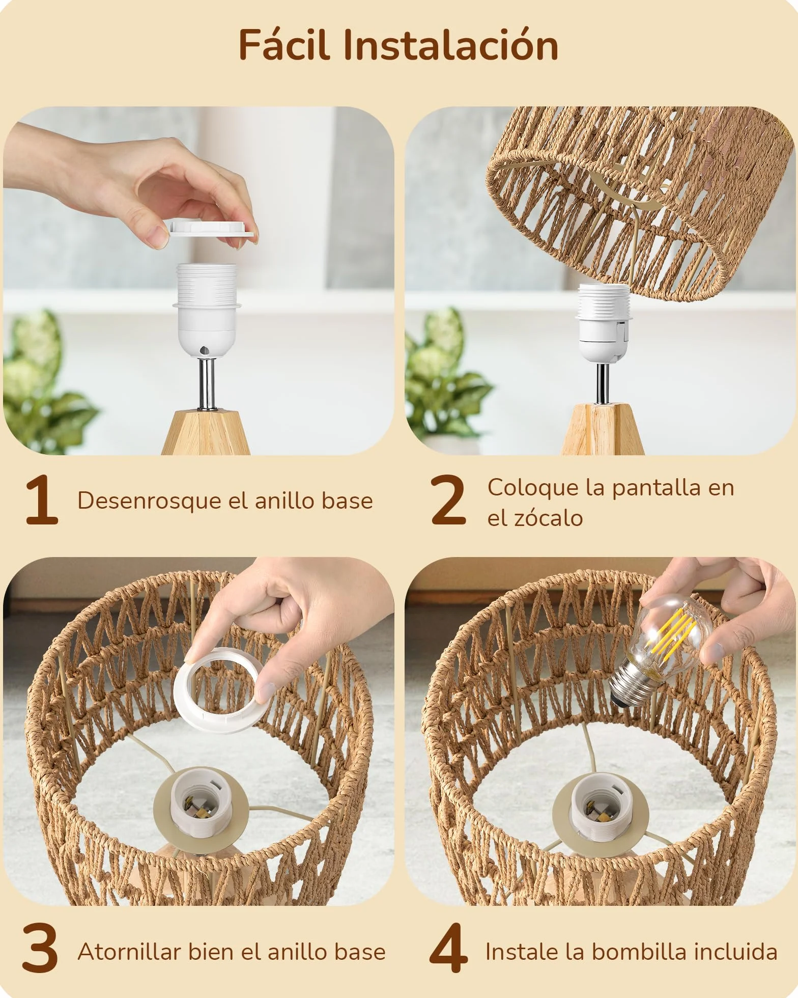 EDISHINE Lámpara de Mesa Pantalla de Lino Blanco Base de Madera Natural E27 Bombilla LED 2700K Incluida