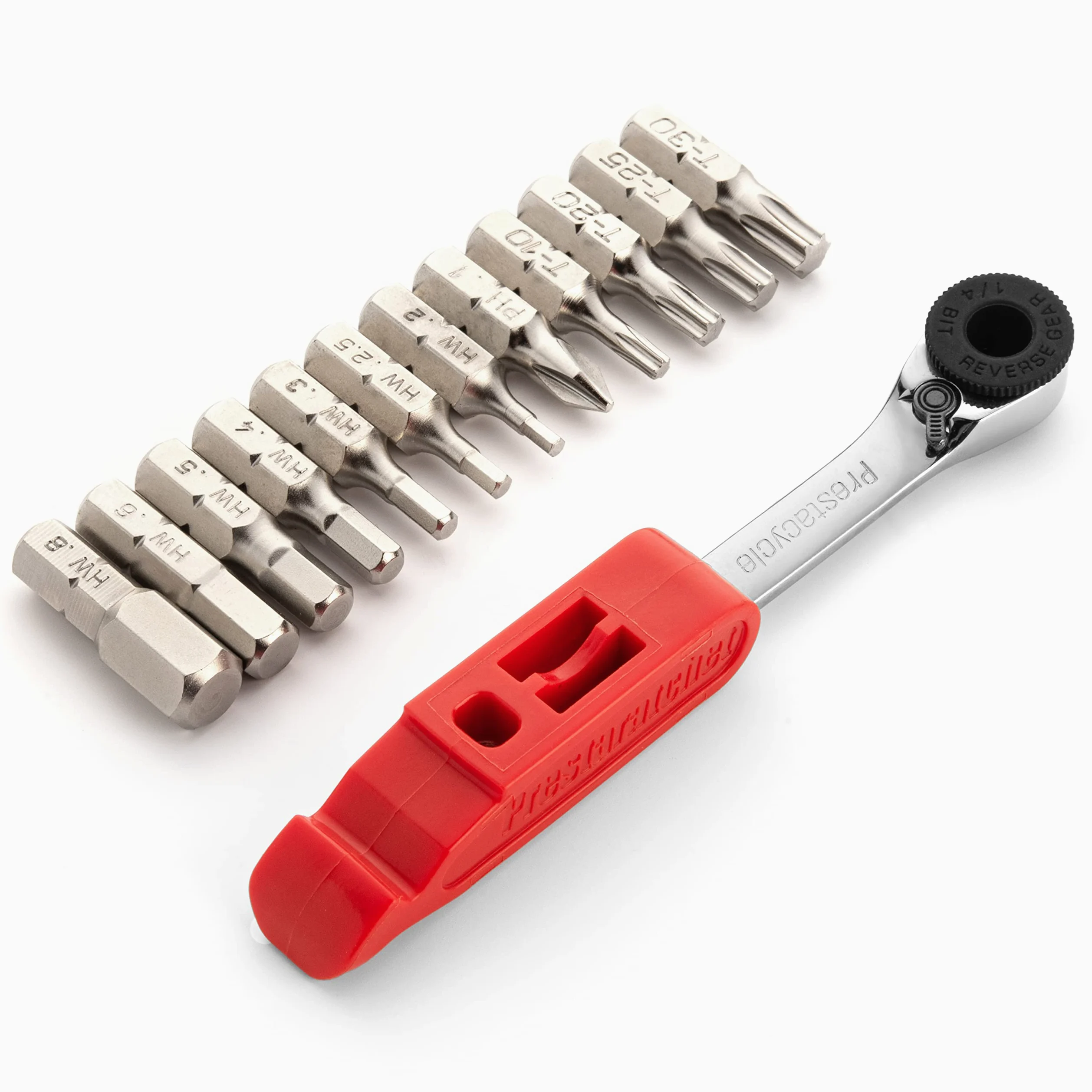 Prestacycle PrestaRatchet GO Wallet - Multiherramienta 6 en 1, juego de mini destornilladores de trinquete de 12 piezas, llave de trinquete hexagonal de 1/4 con palanca de neumáticos, kit de