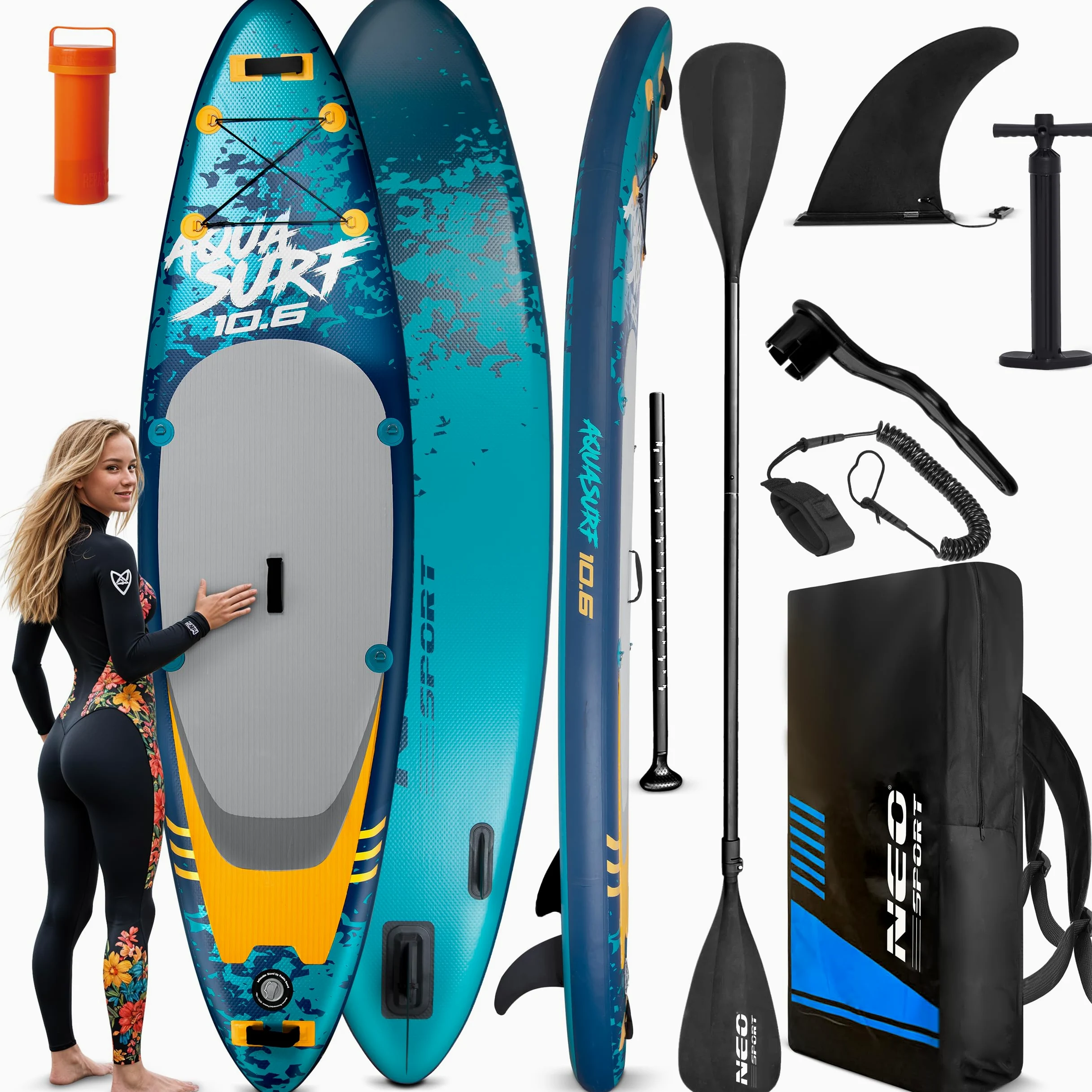 Neo-Sport Aquasurf 10.6 - Tabla de Surf Hinchable (320 cm, con Accesorios, Bomba de Mano, Mochila de Remo y Correa de Remo