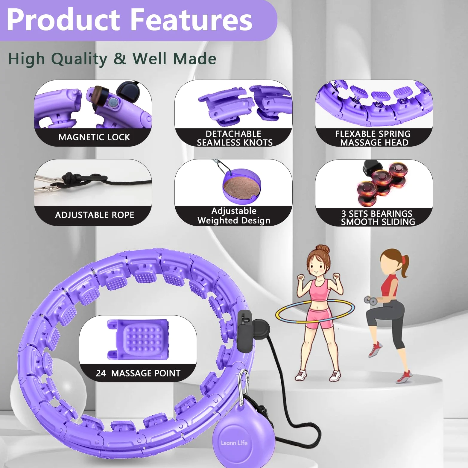 Hula Hoop con 30/12 nudos, bloqueo magnético mejorado para pérdida de peso de adultos, aro infinito, talla grande, niños y adultos, hogar al aire libre, ejercicio de fitness, tóner