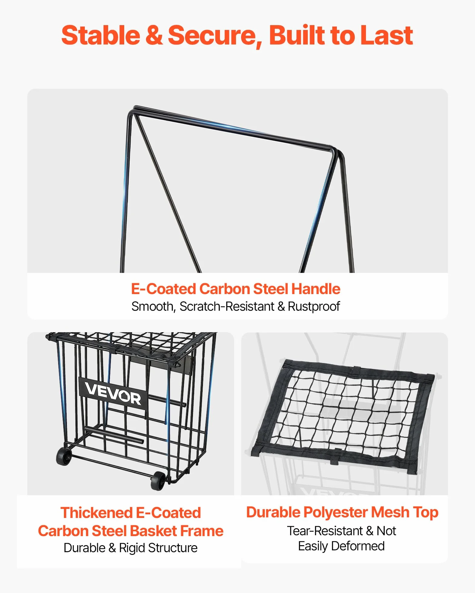 VEVOR Recogepelotas de Tenis con Ruedas y Mango, Capacidad para 75 Pelotas o 52 Pickleball, Cesta Portátil de Tenis con Soporte, Altura Ergonómica, Carro de Acero para Entrenamiento y Almacenamiento