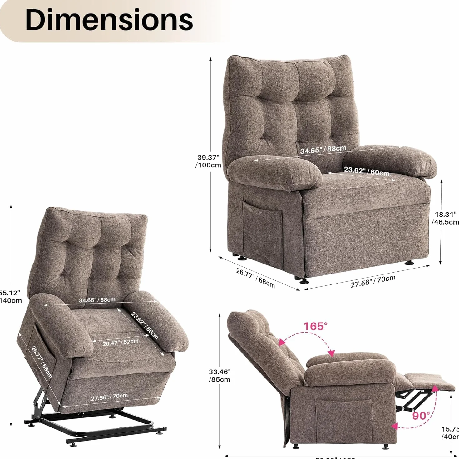El almacén del colchón butaca Élite Levanta Personas con 3 Motores, Sillón Relax Reclinable Eléctrico Auto-Ayuda (Beige)