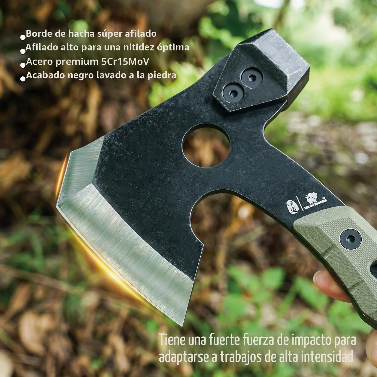 HX OUTDOORS Hacha de Partido Multifuncional, Hacha Táctica de Supervivencia y Campismo de Tanga Completa，Hachas de Mano para Campismo y Bushcraft con Martillo y Sacacorchos (Verde Militar)