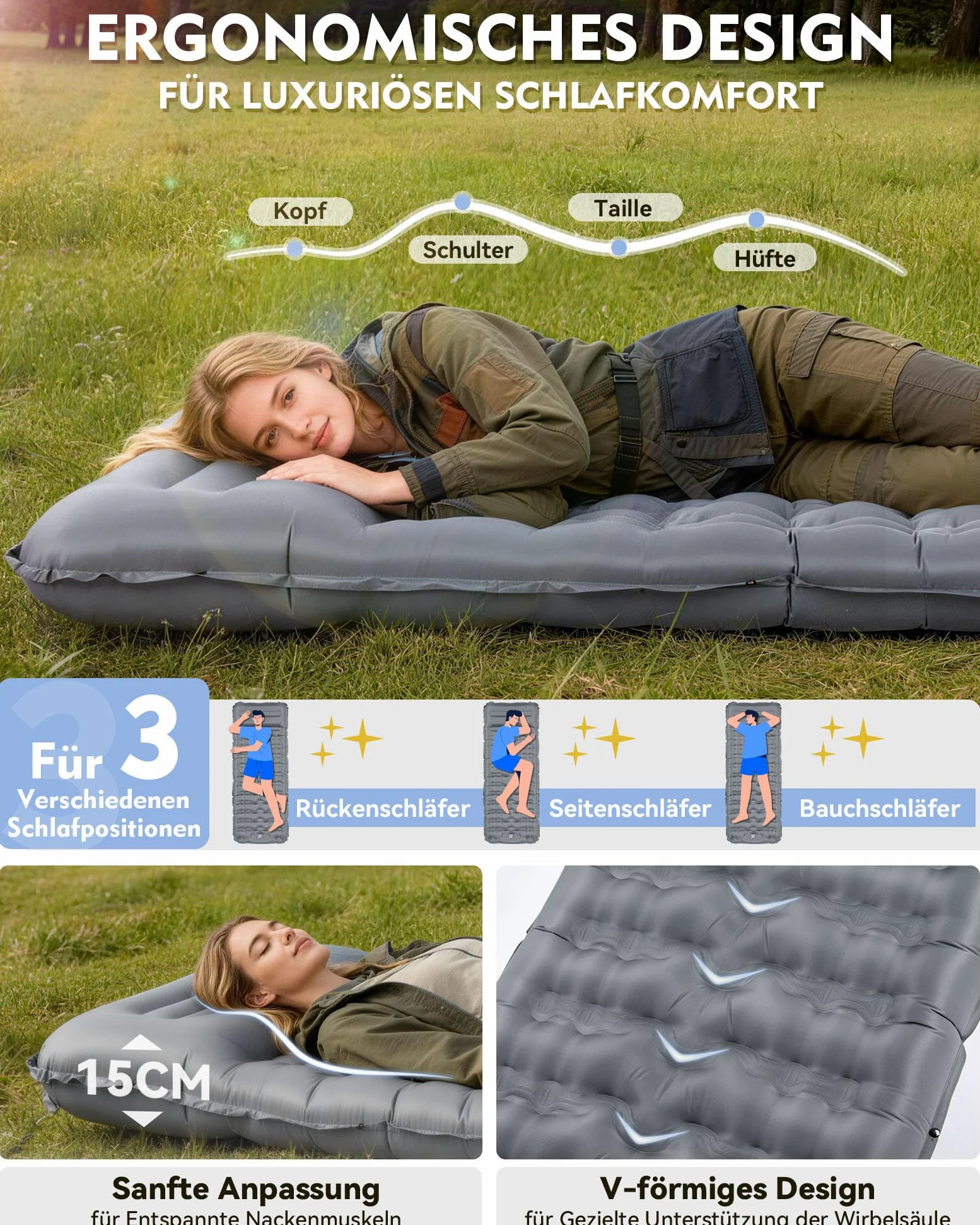 HIKENTURE Esterilla isotérmica para camping, 12 cm, ultragruesa, ultraligera, con almohada, colchón inflable, tamaño pequeño, colchón de aire hinchable, colchoneta para dormir con bomba de pie para