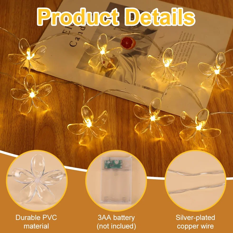 Cadena de Luces LED de Flores de Cerezo 3M 20 Bombillas Impermeable Guirnalda Decorativa Blanco Cálido