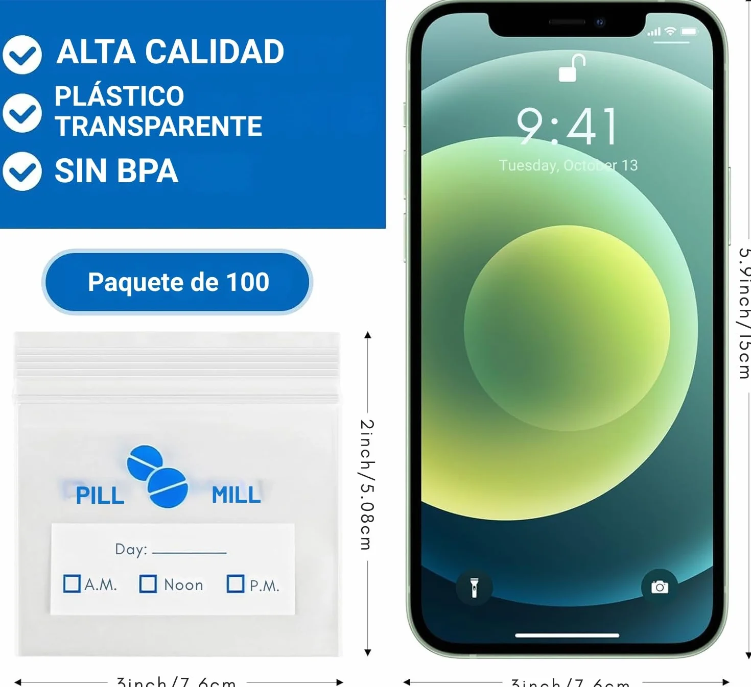 Bolsas para píldoras 3" x 2" 3 Mil Organizador de Medicinas Diarias Paquete de 100