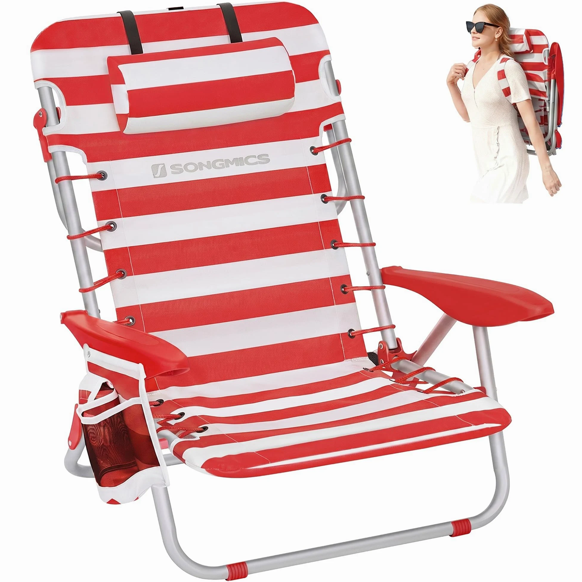 SONGMICS Silla de playa, silla de camping plegable, silla portátil para exteriores, capacidad de 332 libras, llevar como mochila, con respaldo ajustable, reposacabezas, reposabrazos, 2 bolsillos