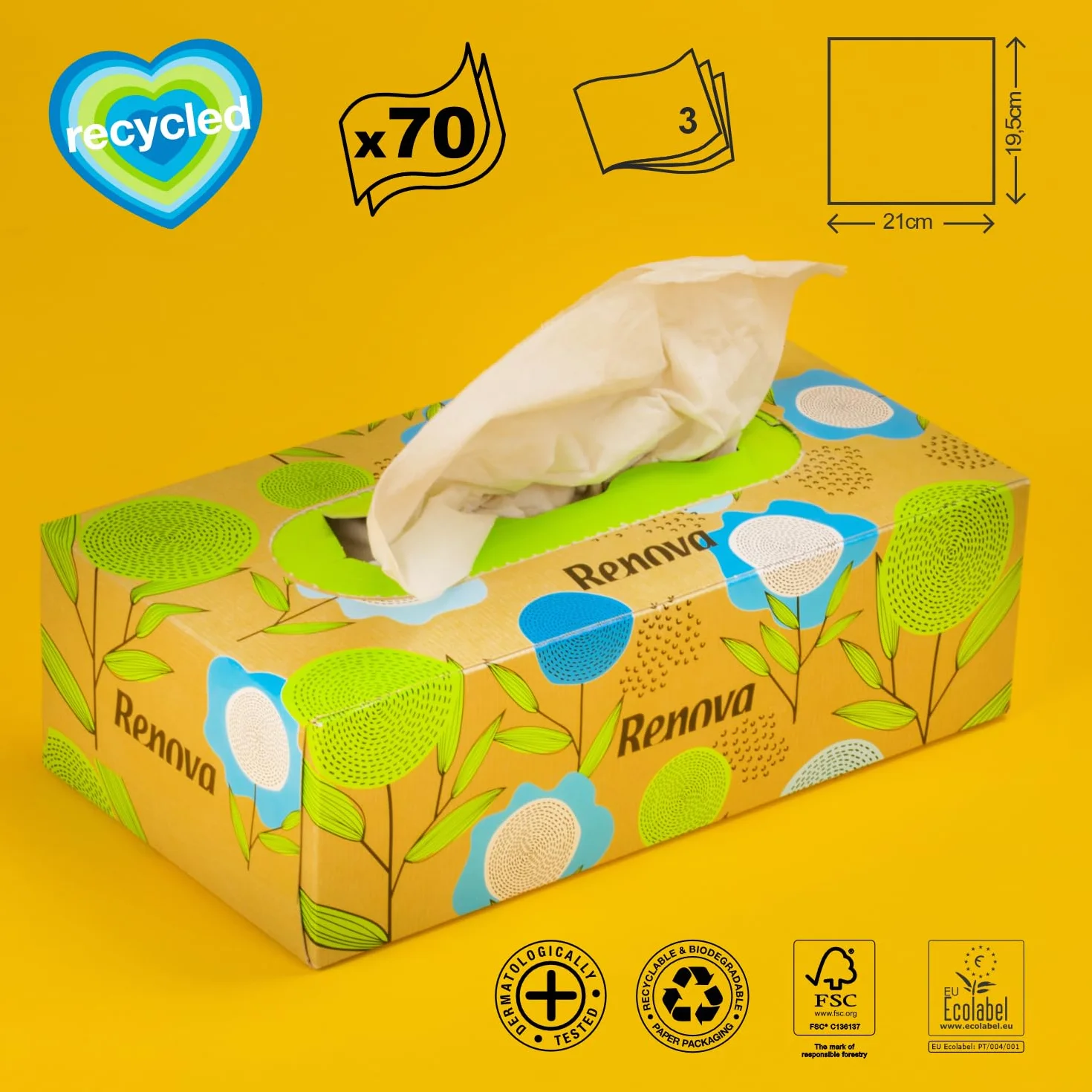 Renova Pañuelos Faciales Reciclados Cajita 70 Papel Reciclado FSC Ecolabel