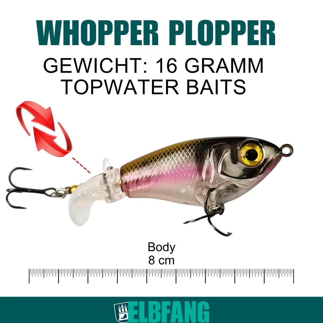 Topwater Señuelos de pesca | 8 cm – 16 gramos | 5 unidades con caja de cebo | Juego de cebos artificiales para pesca de lucio y bagre