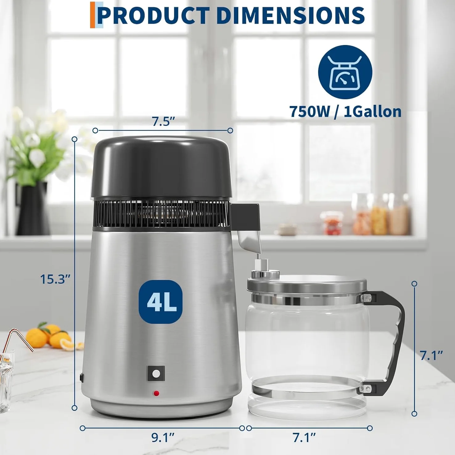 Destilador de agua 4L,1 litro por hora,750W Máquina de agua destilada con apagado automático,Eliminación de impurezas,Interior Acero 304,Purificador de agua portátil para casas,Oficina,Viajes-Plata