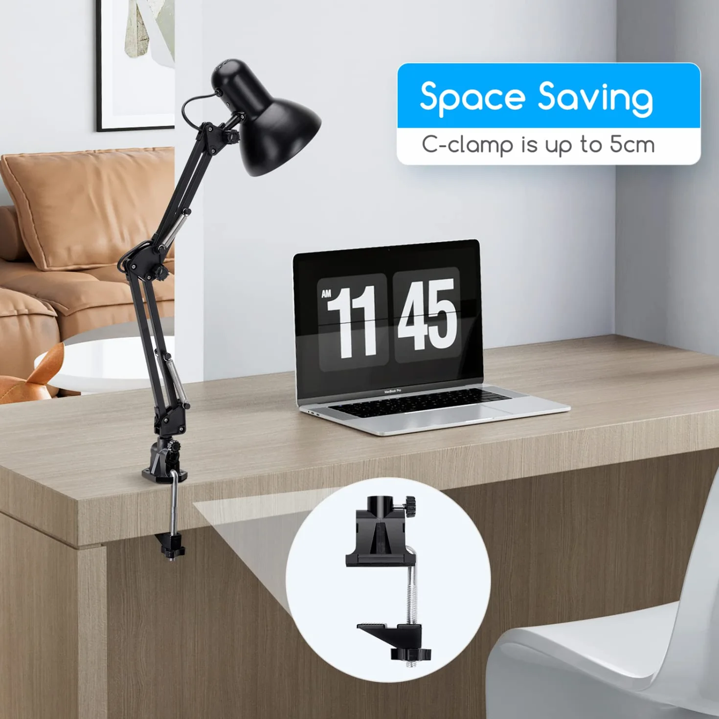 Aigostar Lámpara de Escritorio E27, Brazo articulado de metal, Lámpara de Mesa Ajustable Negro