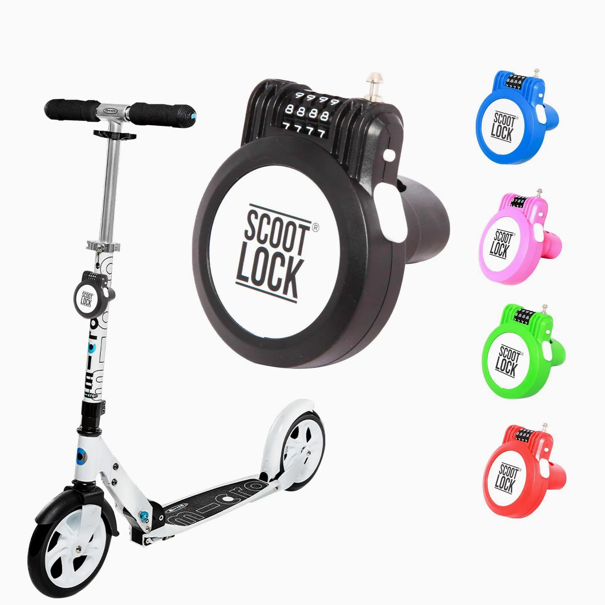 SCOOT LOCK® Candado de combinación portátil para scooter, candado reforzado para patinete, cable de cadena de alambre de acero, micro Trunki Birdie Ozbozz EVO para niños y adultos (negro)