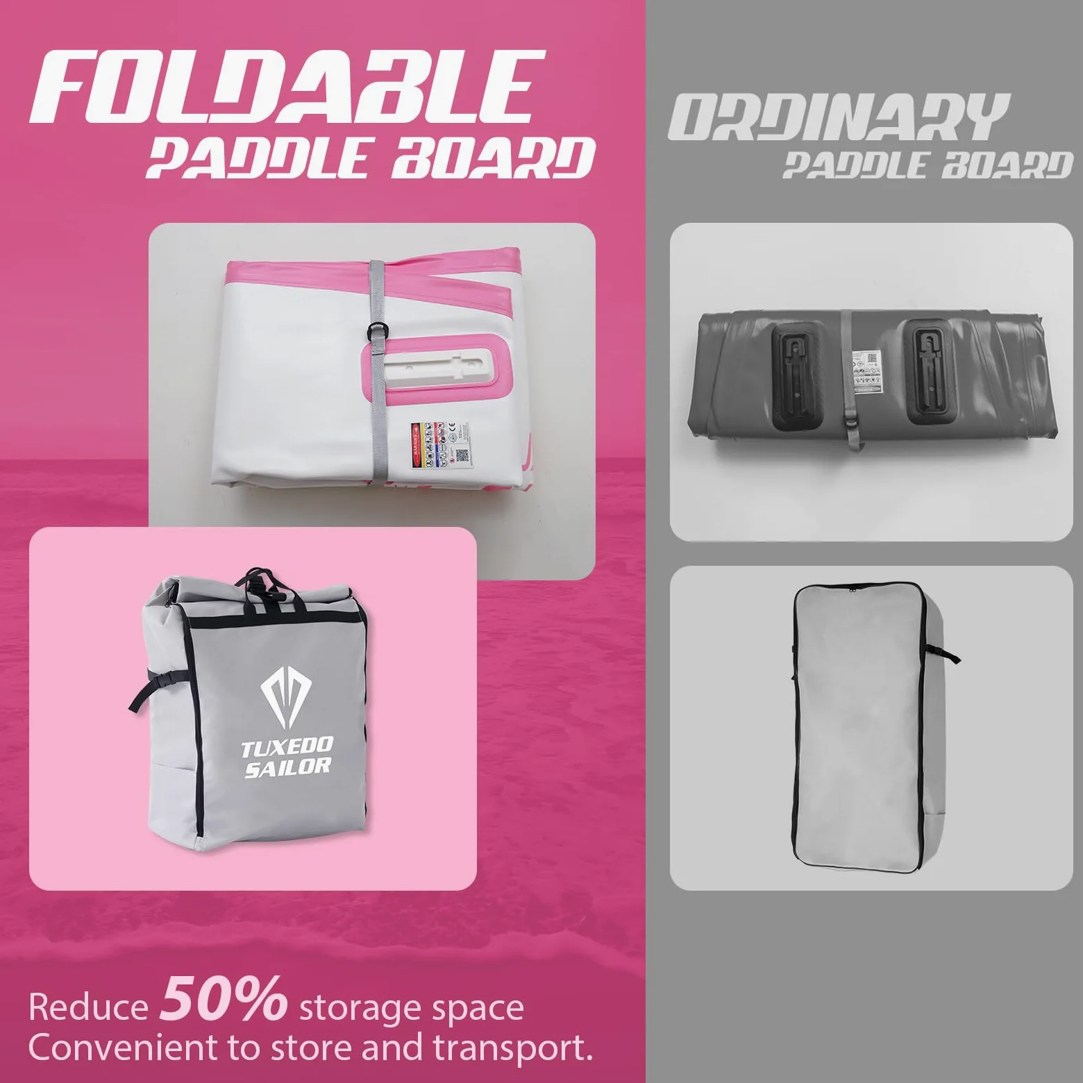 Tuxedo Sailor Tabla de remo inflable plegable para todos los niveles de habilidad, incluye tablas de remo, remo, aletas, mochila, color rosa