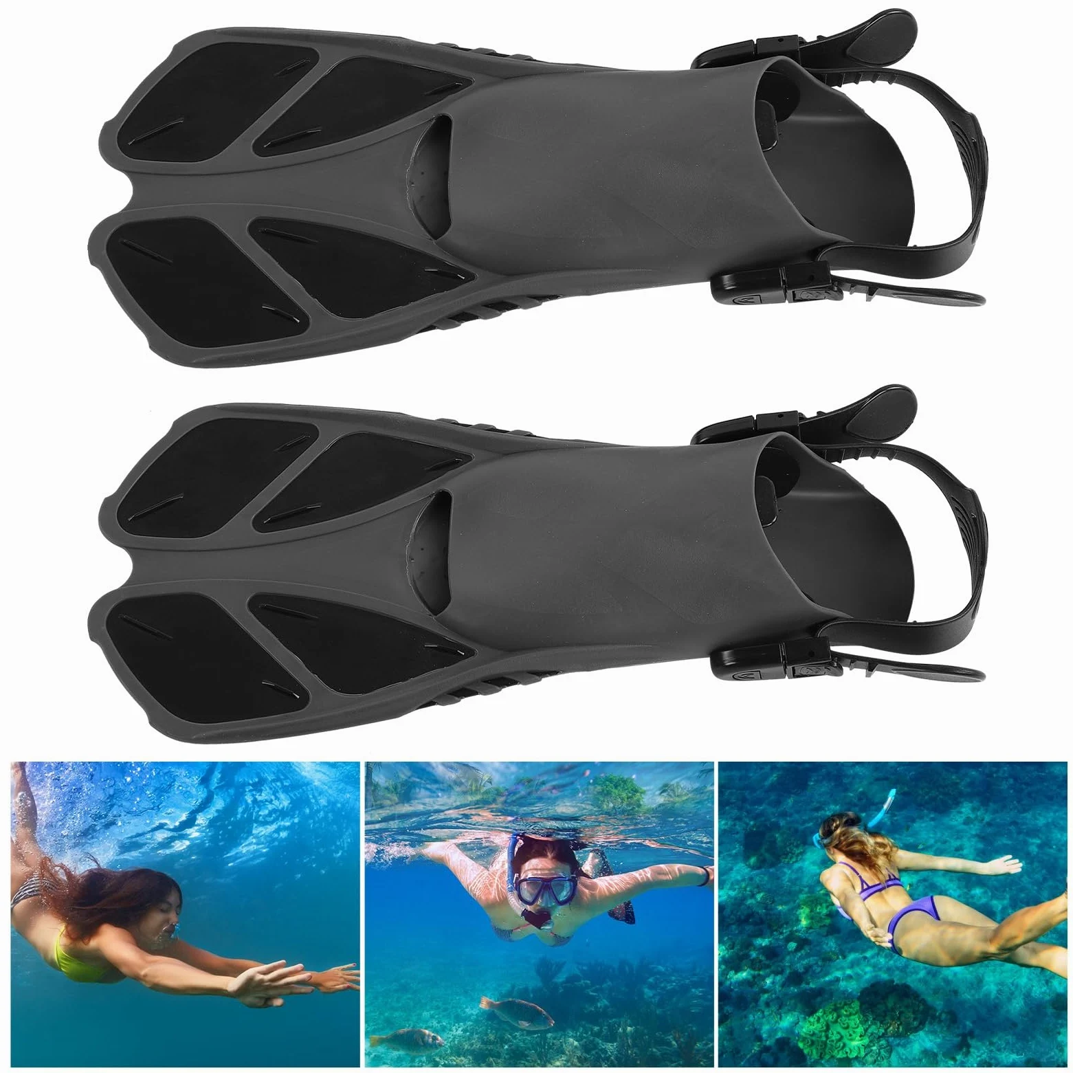 2 Aletas de Snorkel Ajustables, Aletas de Buceo largas para Nadar, Aletas de natación de talón Abierto de TPR Suave con Drenaje de Doble Canal, Velocidad y Estabilidad mejoradas