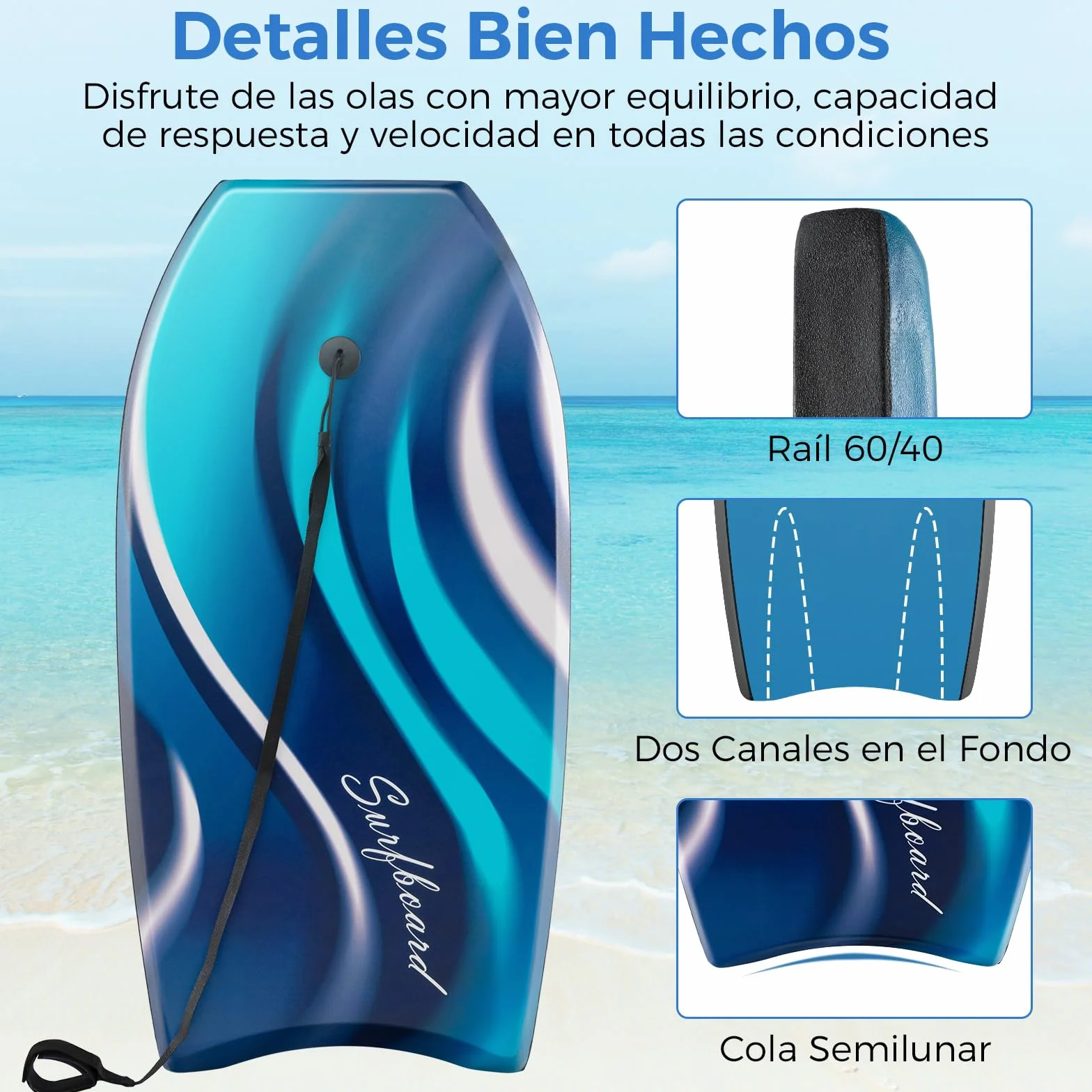 COSTWAY Tabla de Bodysurf 84/104 cm EPS HDPE Cola Crescent Doble Canal Correa Muñeca