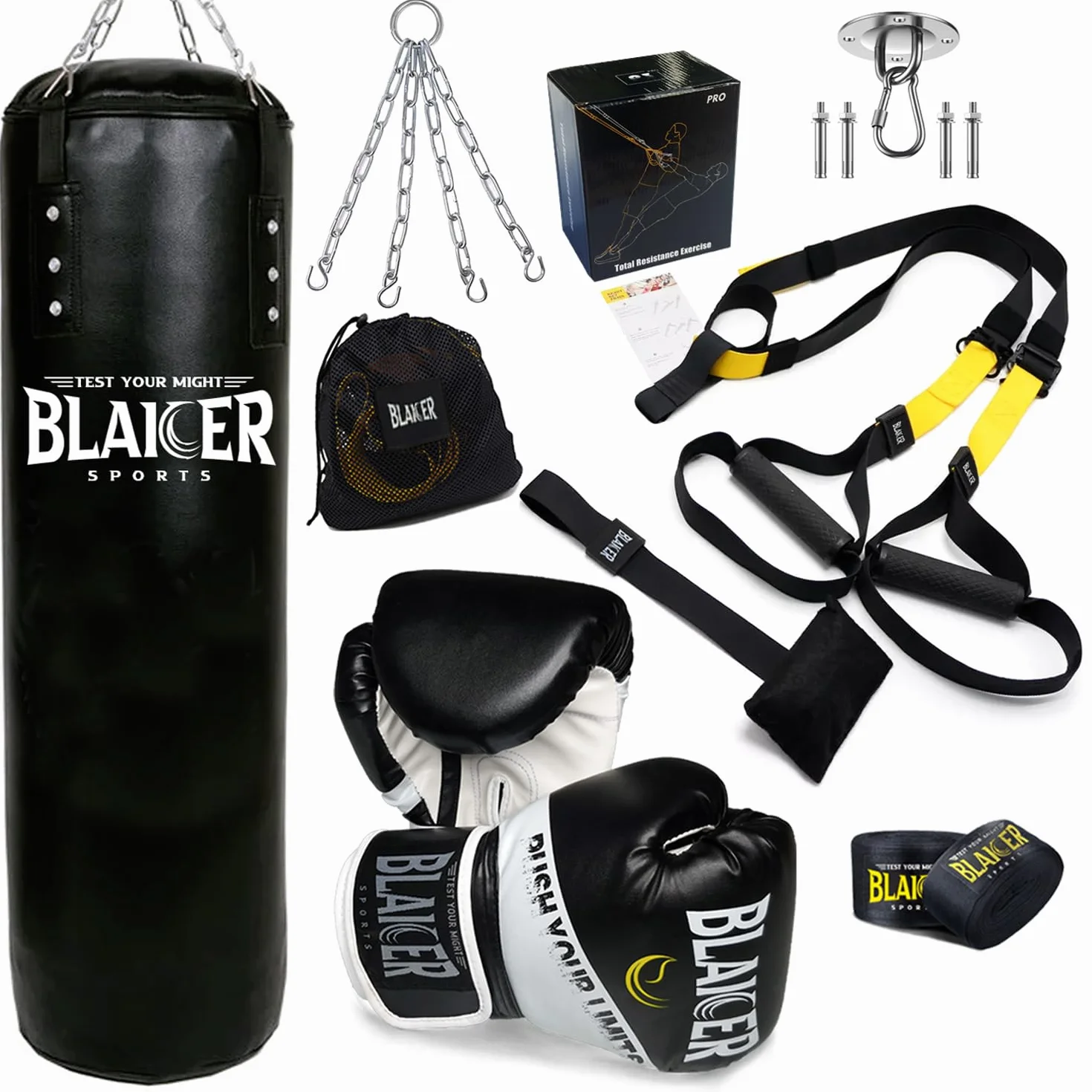 Sacco da Boxe non Imbottito Dotato di Guantoni da Boxe, Corda per Saltare, Bende da Boxe, Catena, Supporto e Sistema di Allenamento in Sospensione - Kit Completo per Palestra in Casa