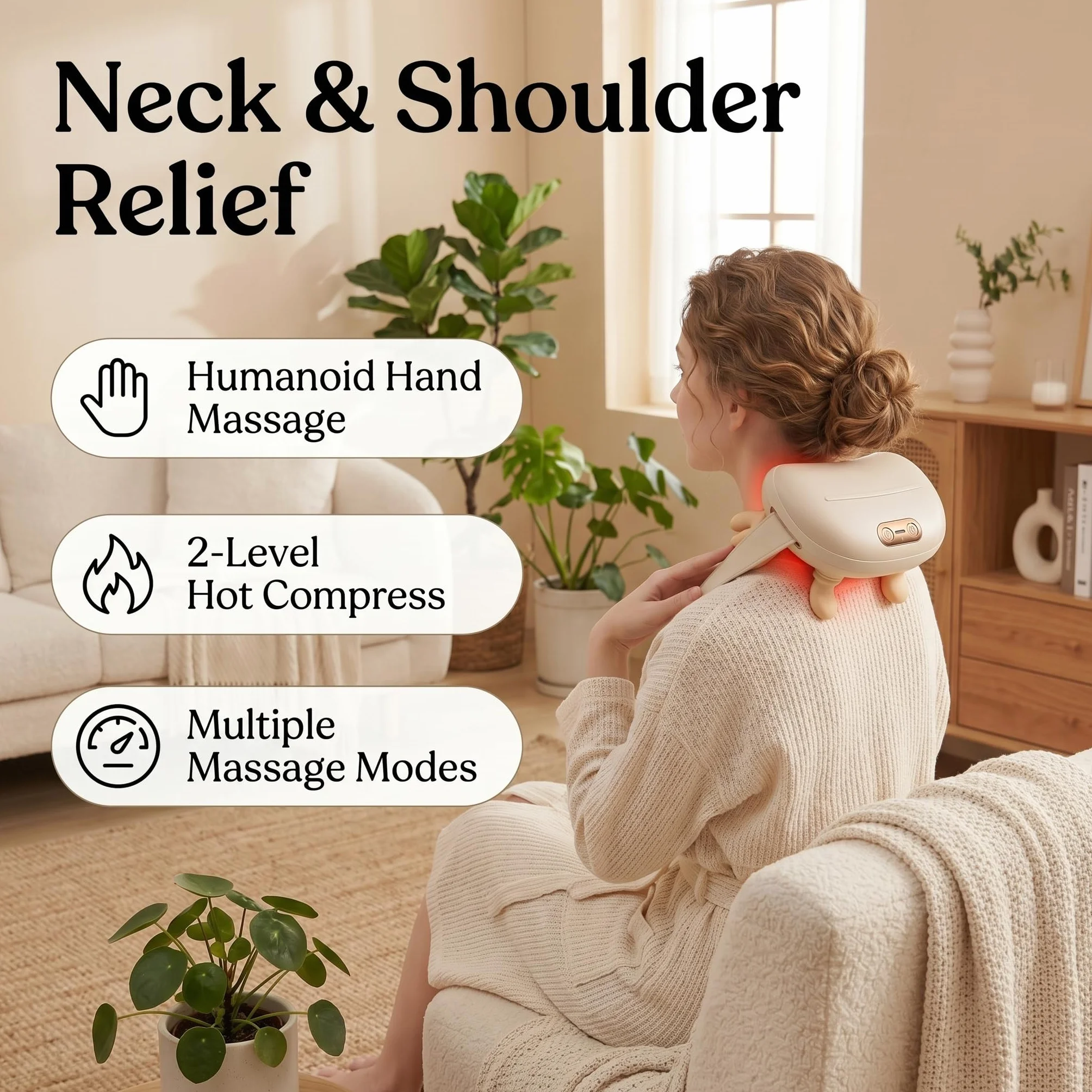 Masajeador Cervical Recargable USB, 3 Intensidades 2 Niveles Calor 40-45°C, Inalámbrico