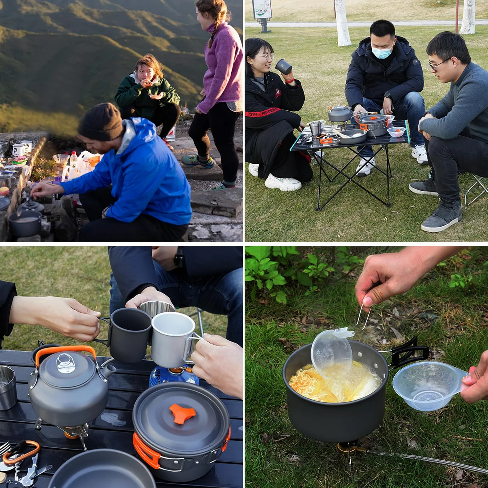 Kit De Utensilios De Cocina para Camping Kit Cocina Camping para 2-3 Personas Ollas De Aluminio Ligero Plegables con Cubiertos Plegables para Senderismo Acampada Picnic Excursión
